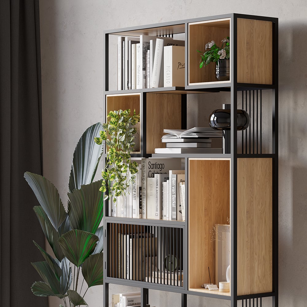 HMR - 78" Geometric Bookcase 6-Tier in Natural and Black