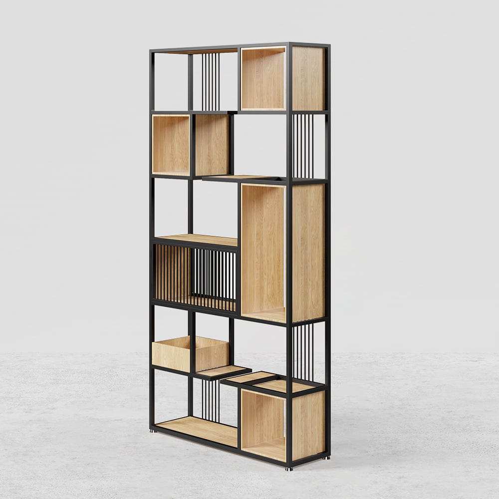 HMR - 78" Geometric Bookcase 6-Tier in Natural and Black