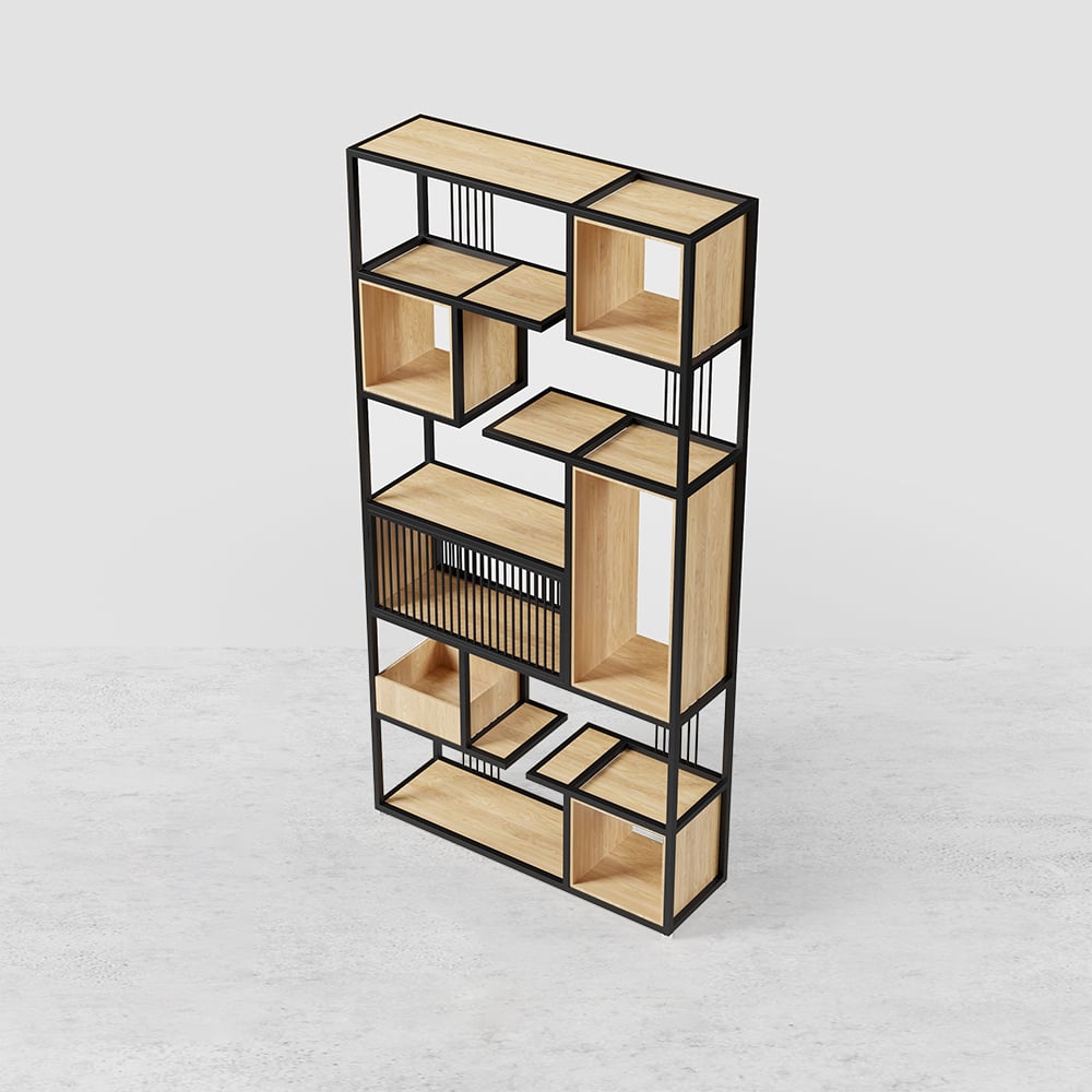 HMR - 78" Geometric Bookcase 6-Tier in Natural and Black