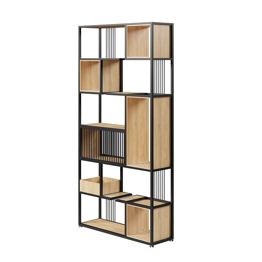 HMR - 78" Geometric Bookcase 6-Tier in Natural and Black