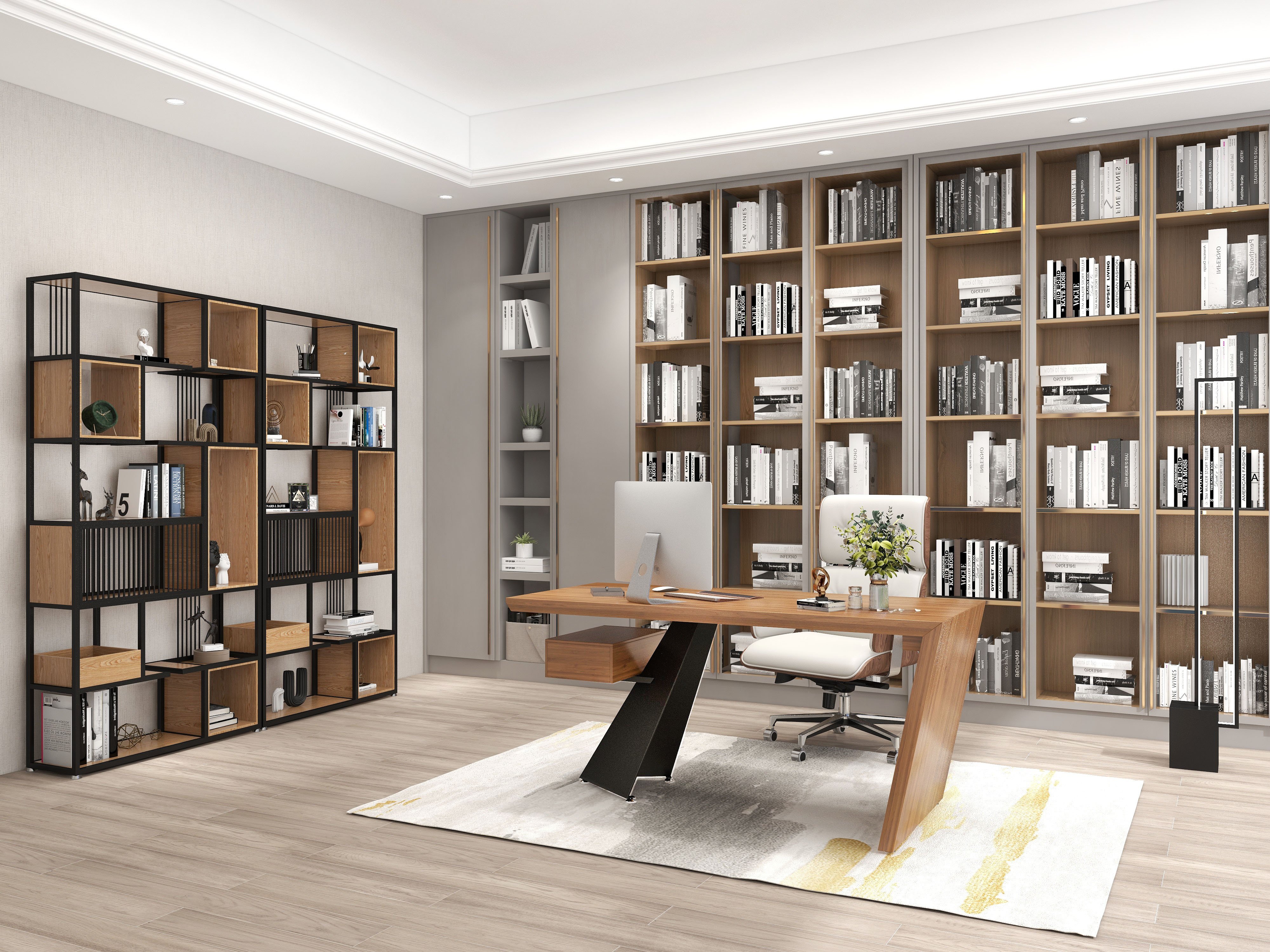 HMR - 78" Geometric Bookcase 6-Tier in Natural and Black