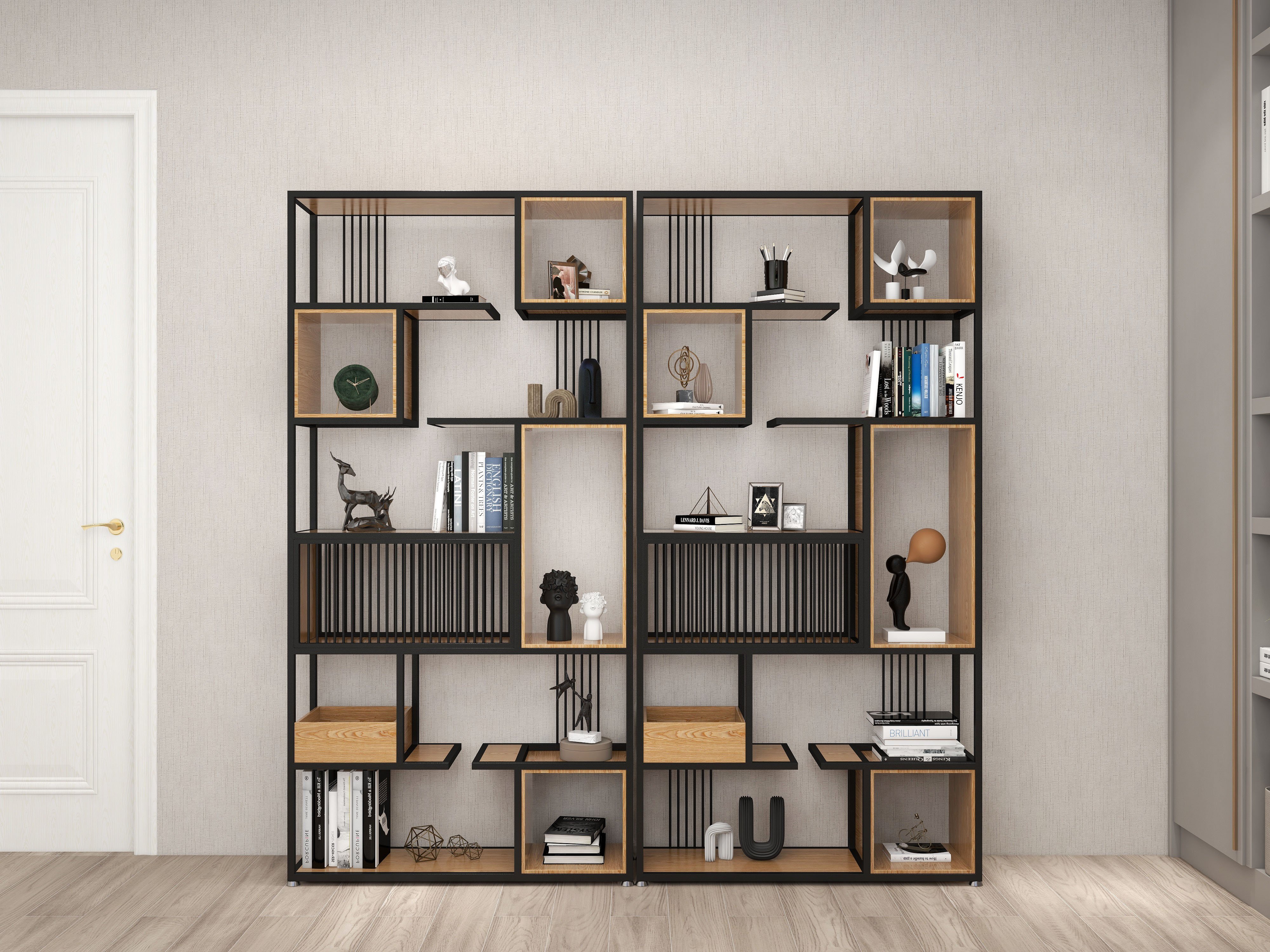 HMR - 78" Geometric Bookcase 6-Tier in Natural and Black