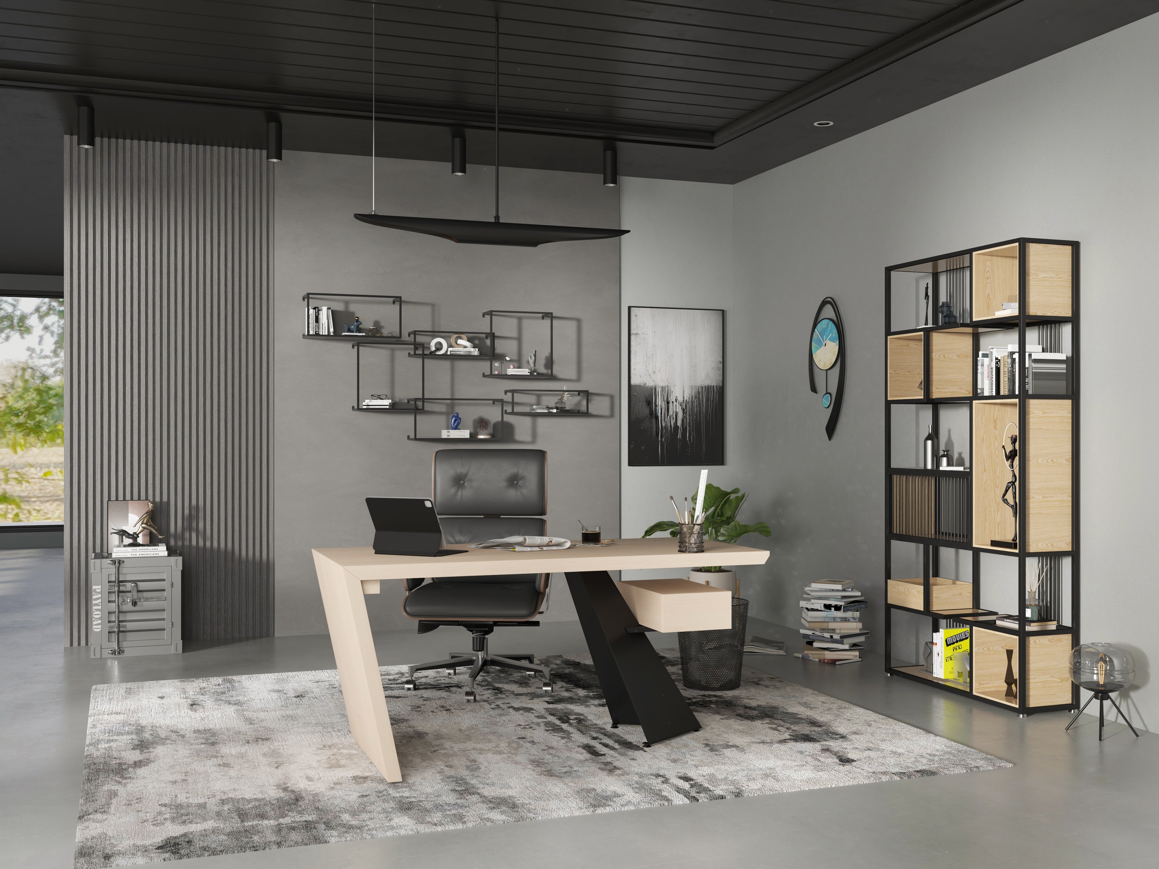 HMR - 78" Geometric Bookcase 6-Tier in Natural and Black