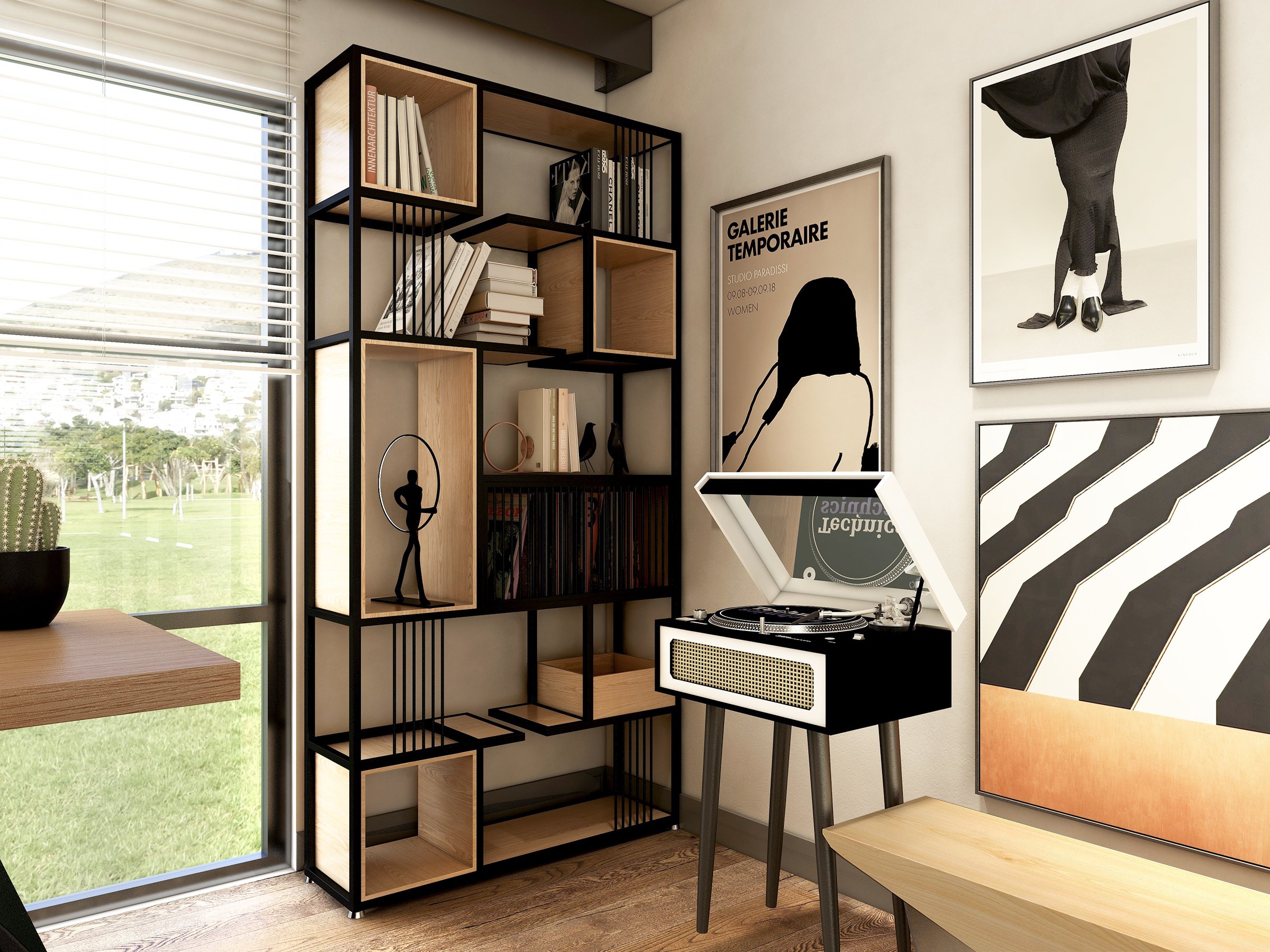 HMR - 78" Geometric Bookcase 6-Tier in Natural and Black