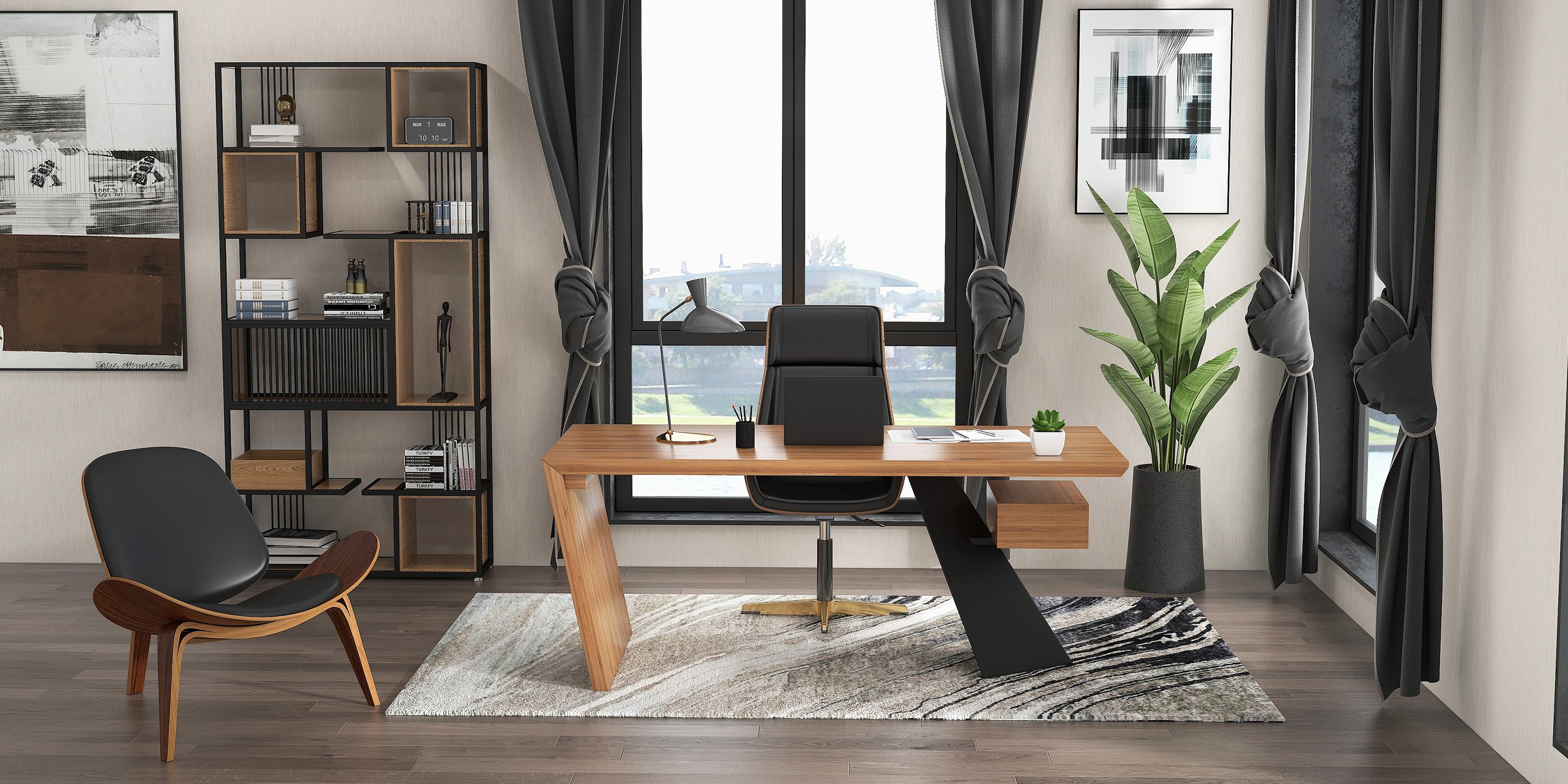 HMR - 78" Geometric Bookcase 6-Tier in Natural and Black