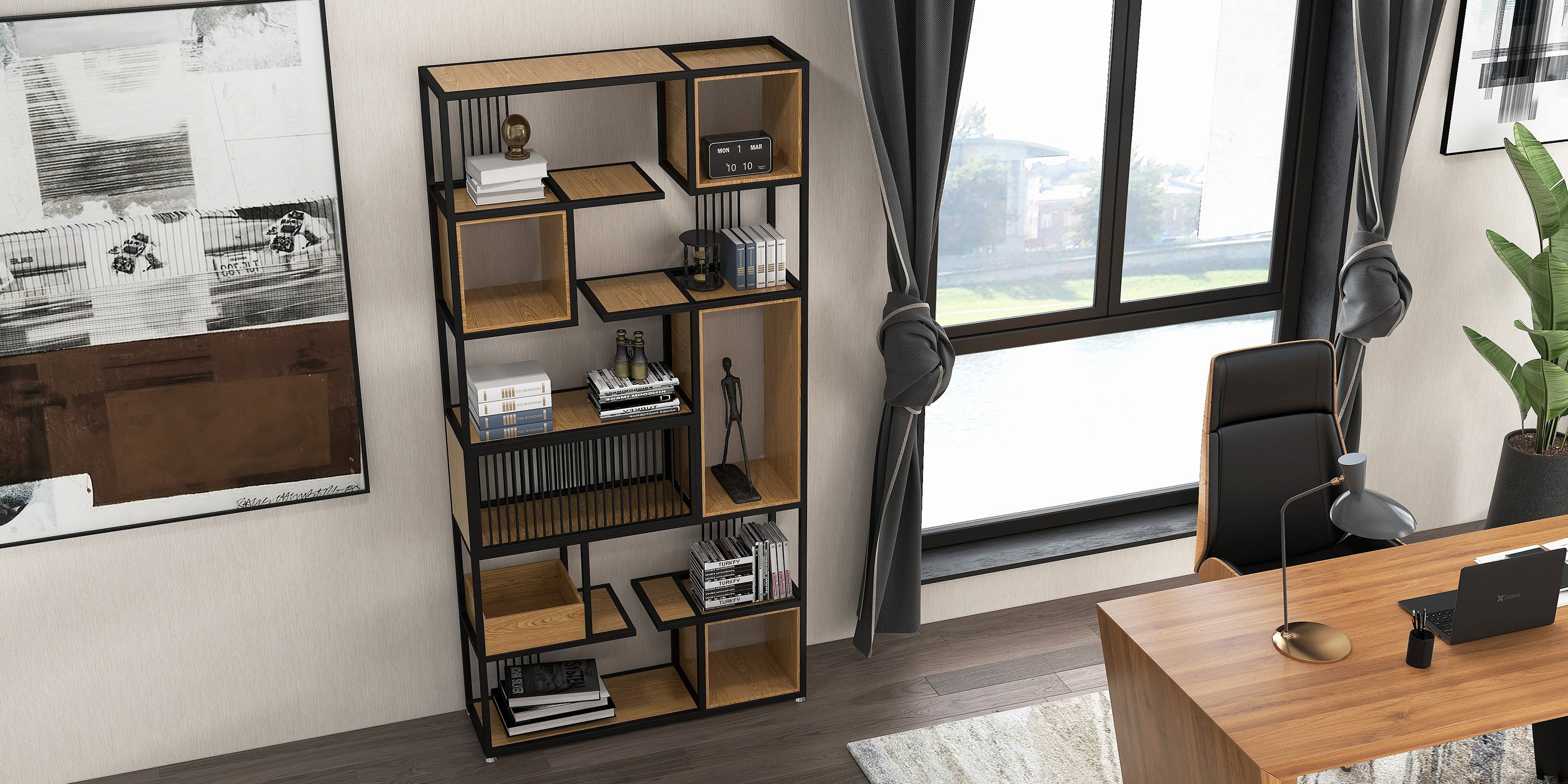 HMR - 78" Geometric Bookcase 6-Tier in Natural and Black