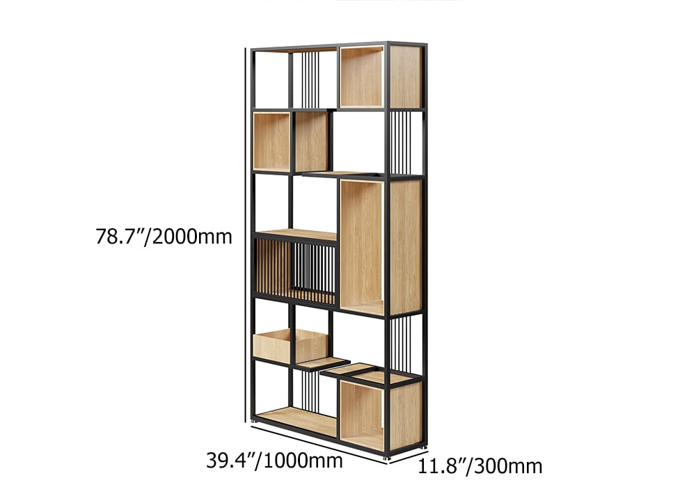 HMR - 78" Geometric Bookcase 6-Tier in Natural and Black