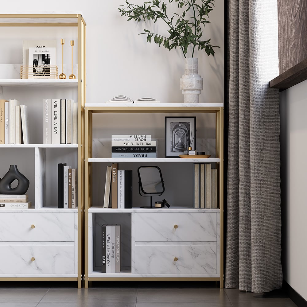 HMR Modern 47" Bookshelf with 2 Drawers - Gold/White