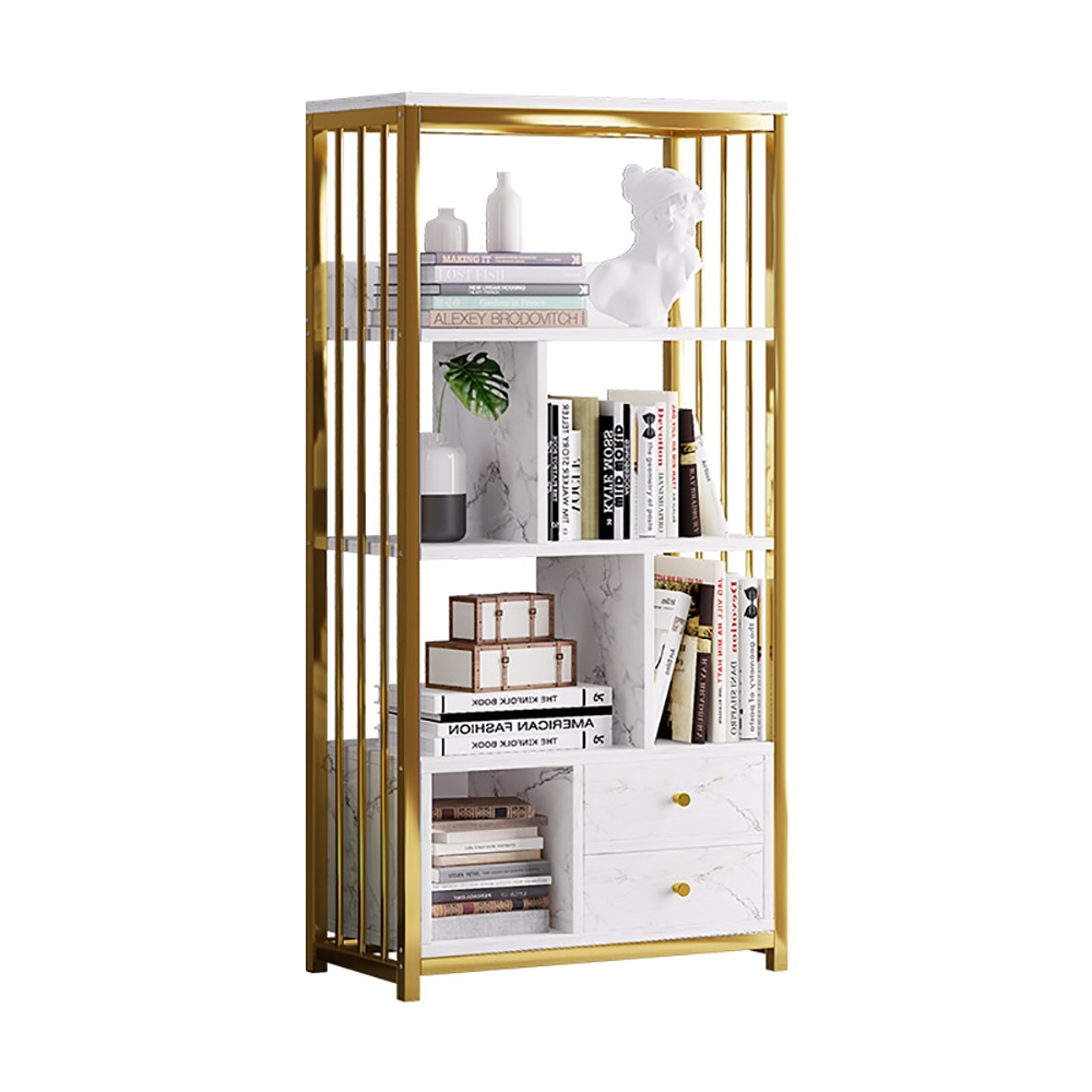 HMR Modern 31" Bookshelf with 2 Drawers - Gold/White