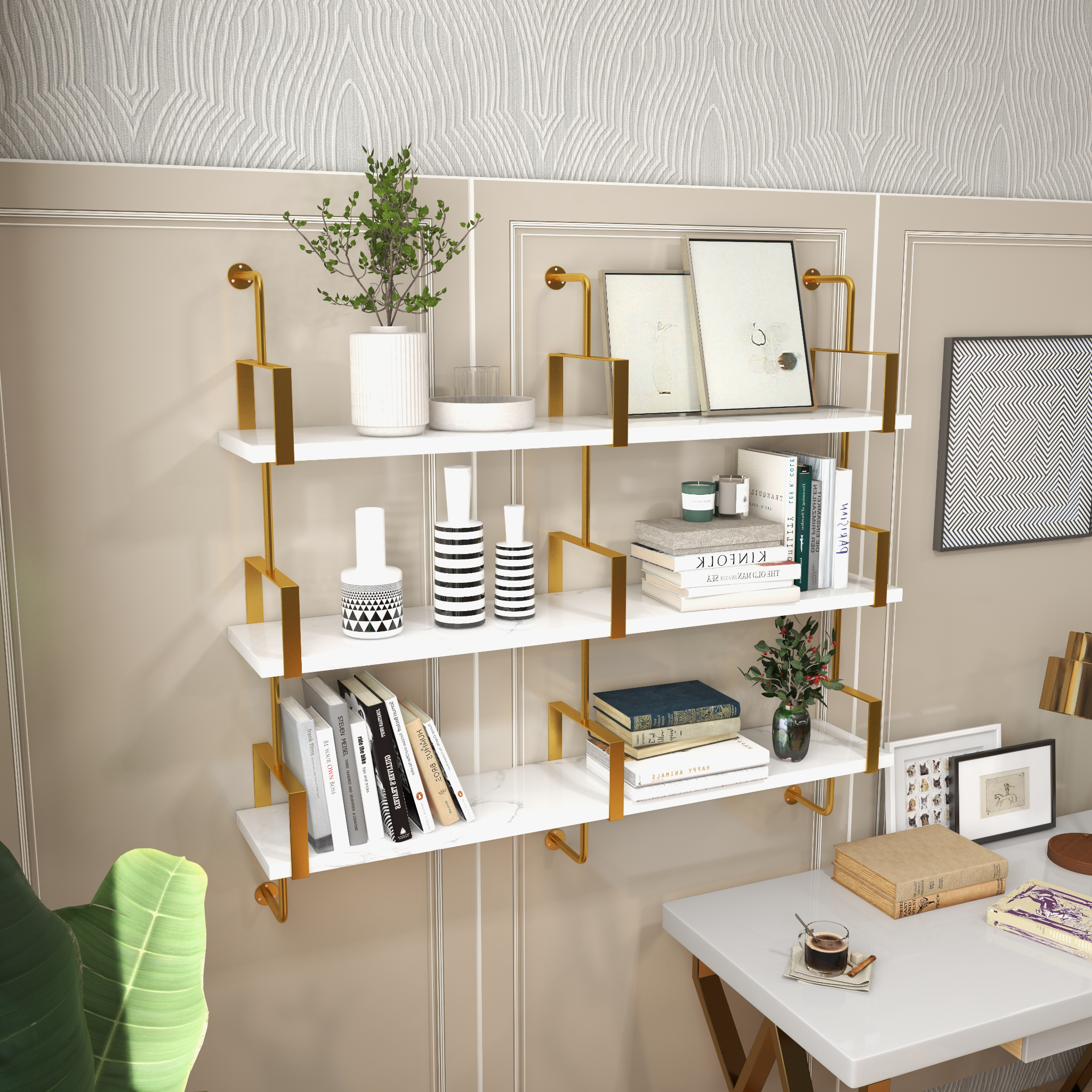 HMR - 3-Tier Wall-Mounted Long Shelves in White and Gold