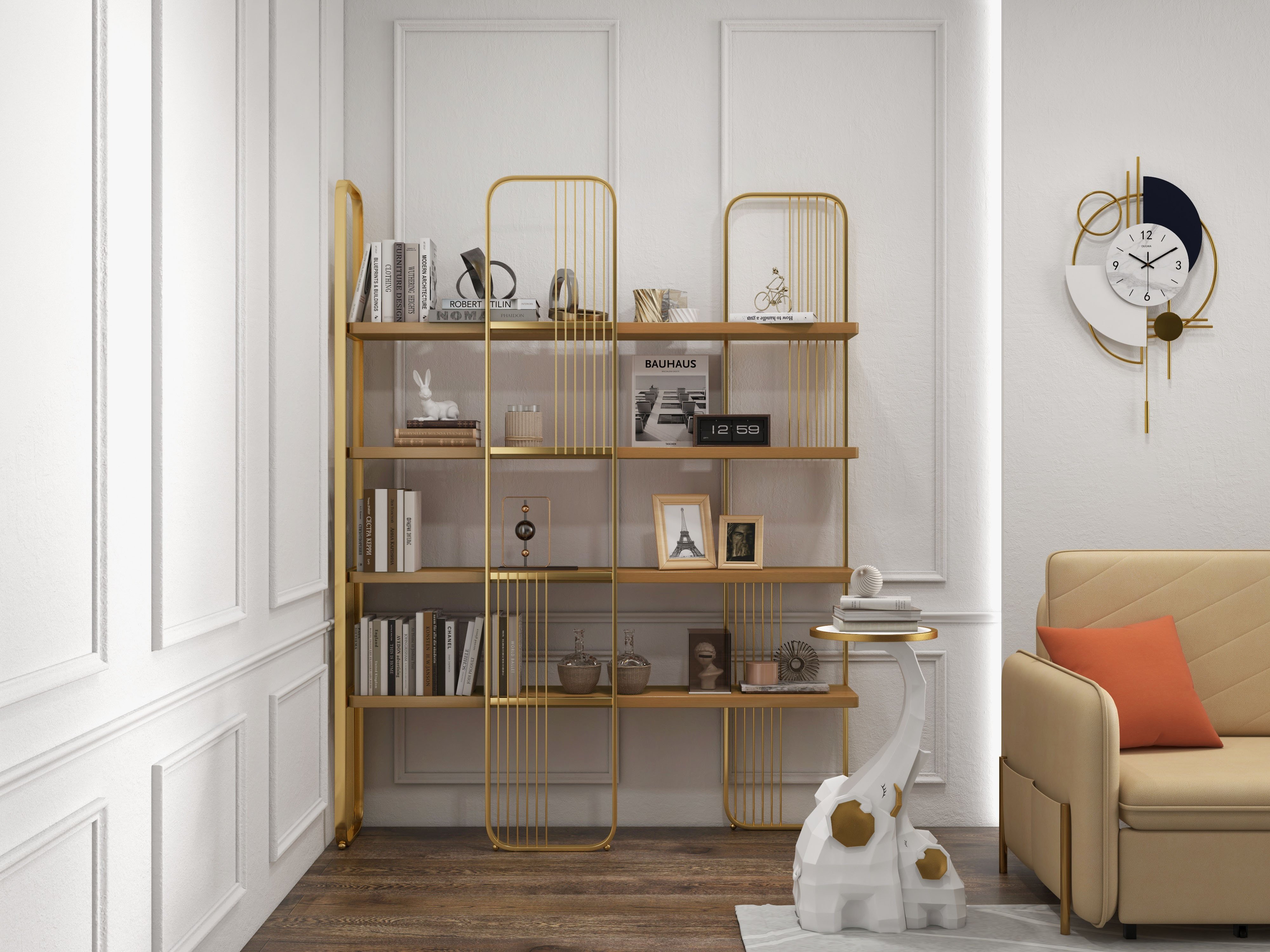 HMR Modern Storage Standing Etagere Bookshelf with 4 Tiers - Gold