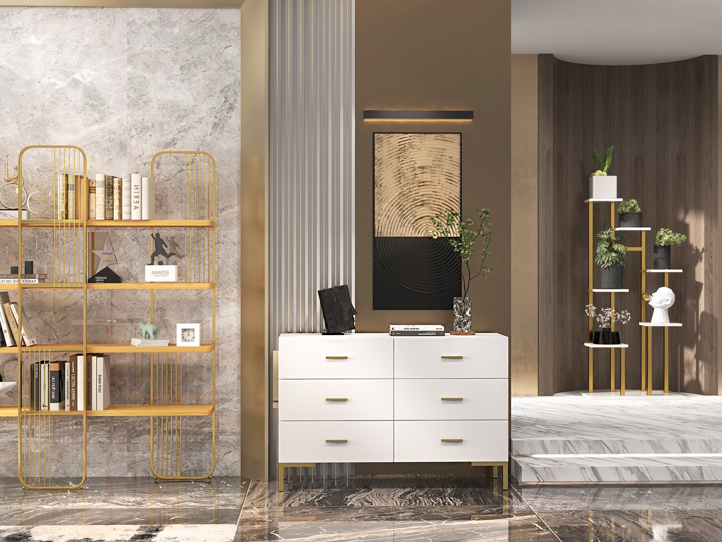 HMR Modern Storage Standing Etagere Bookshelf with 4 Tiers - Gold