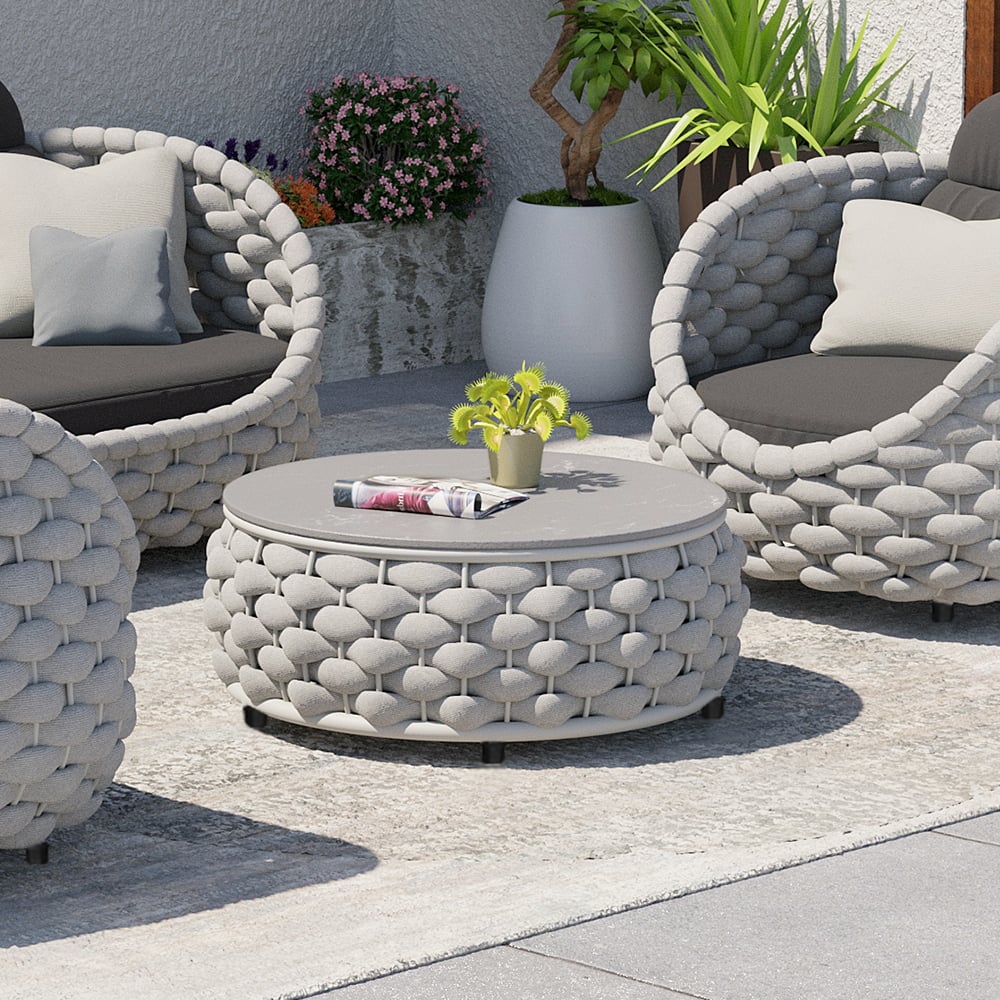 HMR Tatta Modern Faux Marble Top Round Outdoor Coffee Table with Textilene Rope Woven Base - Gray, W/O Storage