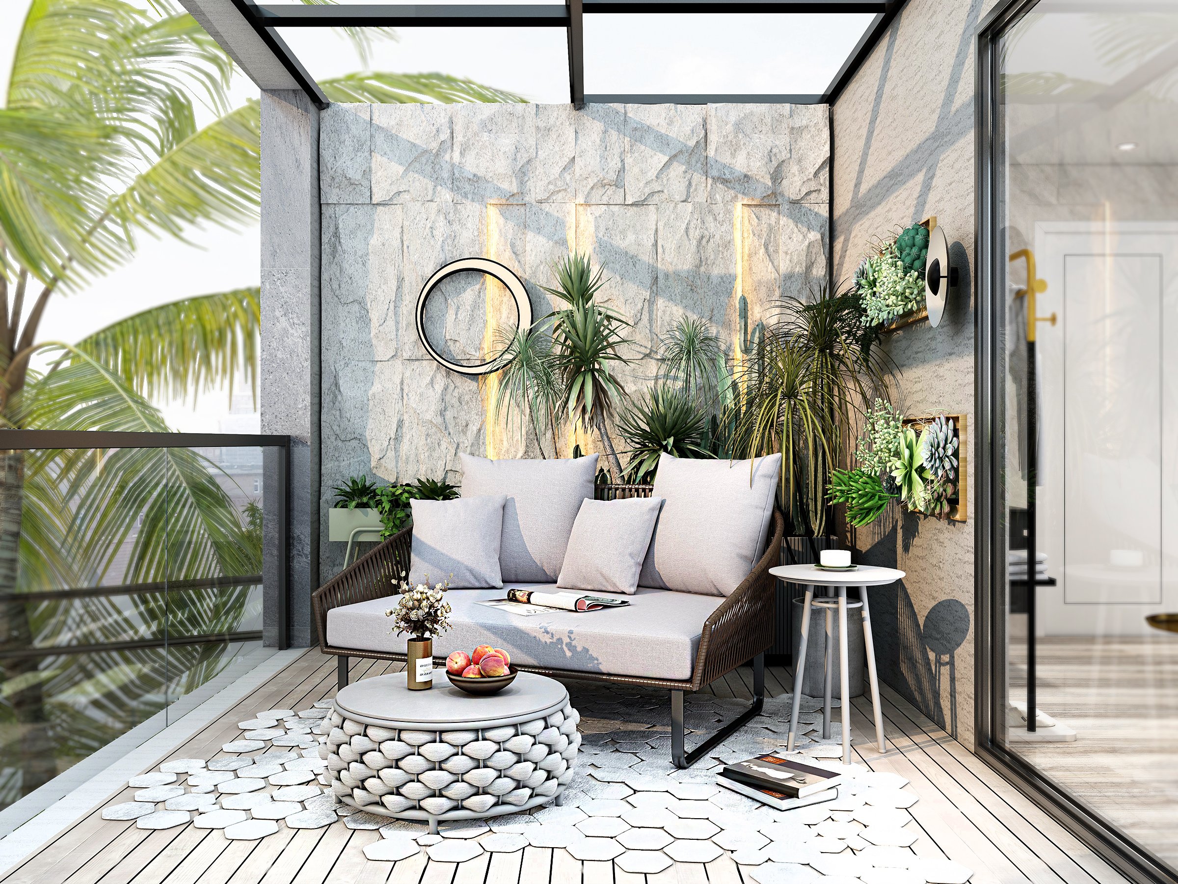 HMR Tatta Modern Faux Marble Top Round Outdoor Coffee Table with Textilene Rope Woven Base - Gray, W/O Storage