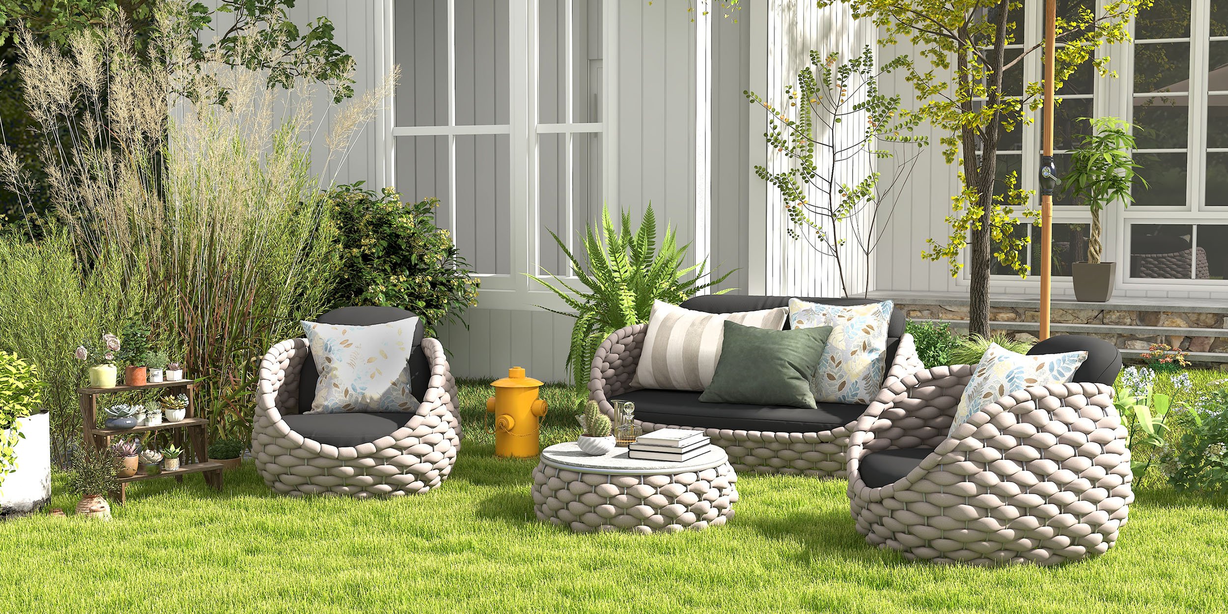 HMR Tatta Modern Faux Marble Top Round Outdoor Coffee Table with Textilene Rope Woven Base - Gray, W/O Storage