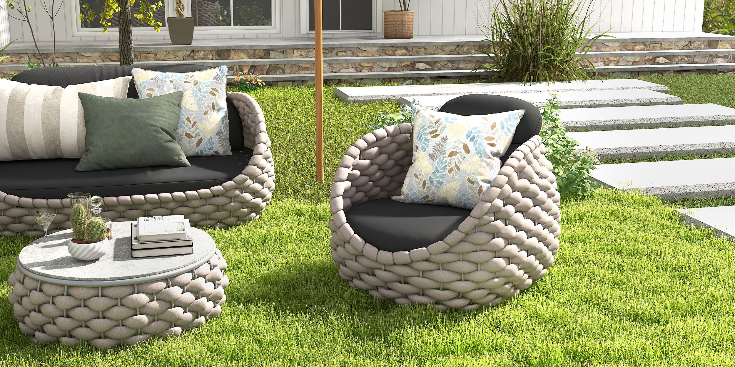 HMR Tatta Modern Faux Marble Top Round Outdoor Coffee Table with Textilene Rope Woven Base - Gray, W/O Storage