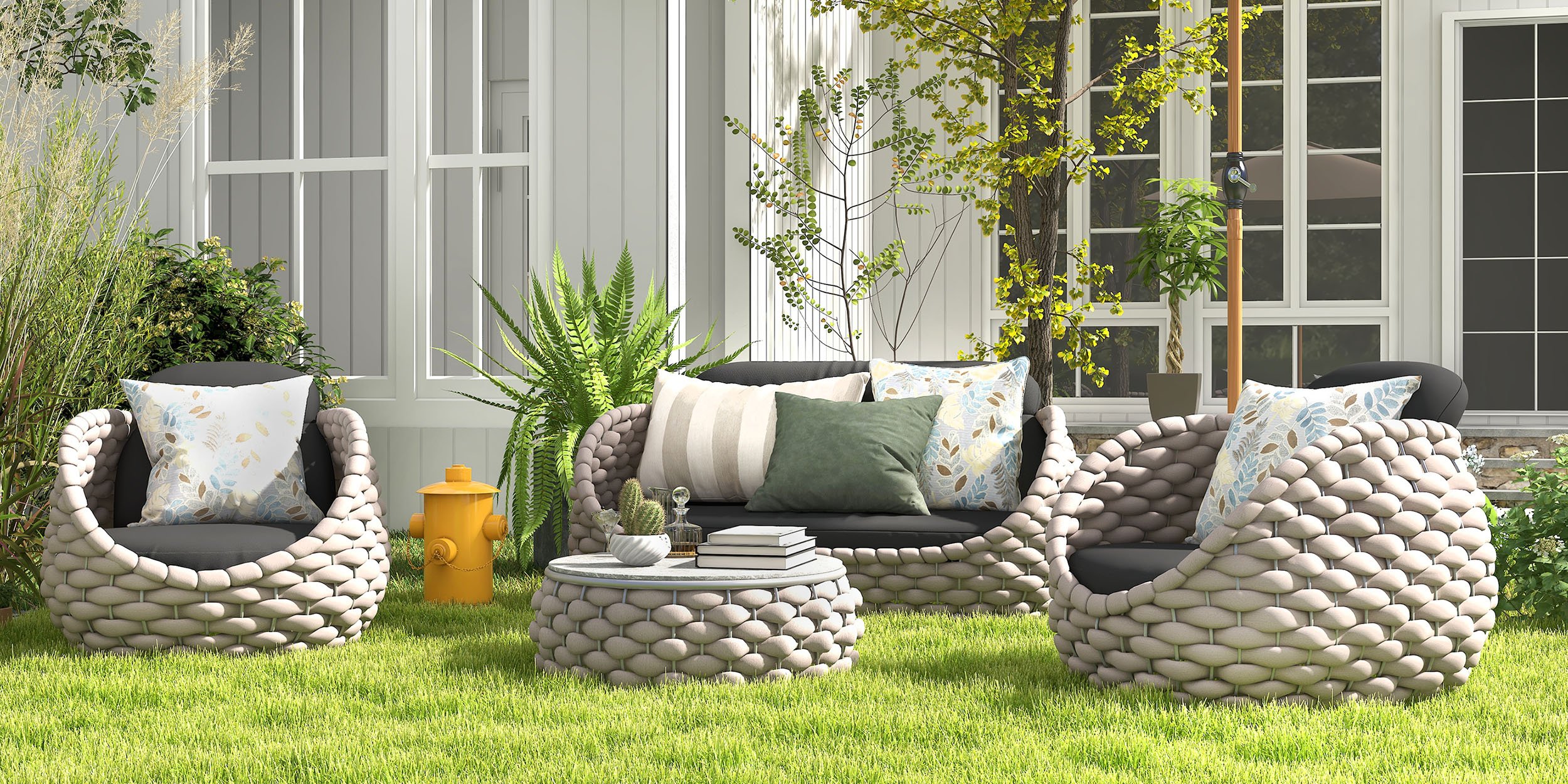 HMR Tatta Modern Faux Marble Top Round Outdoor Coffee Table with Textilene Rope Woven Base - Gray, W/O Storage