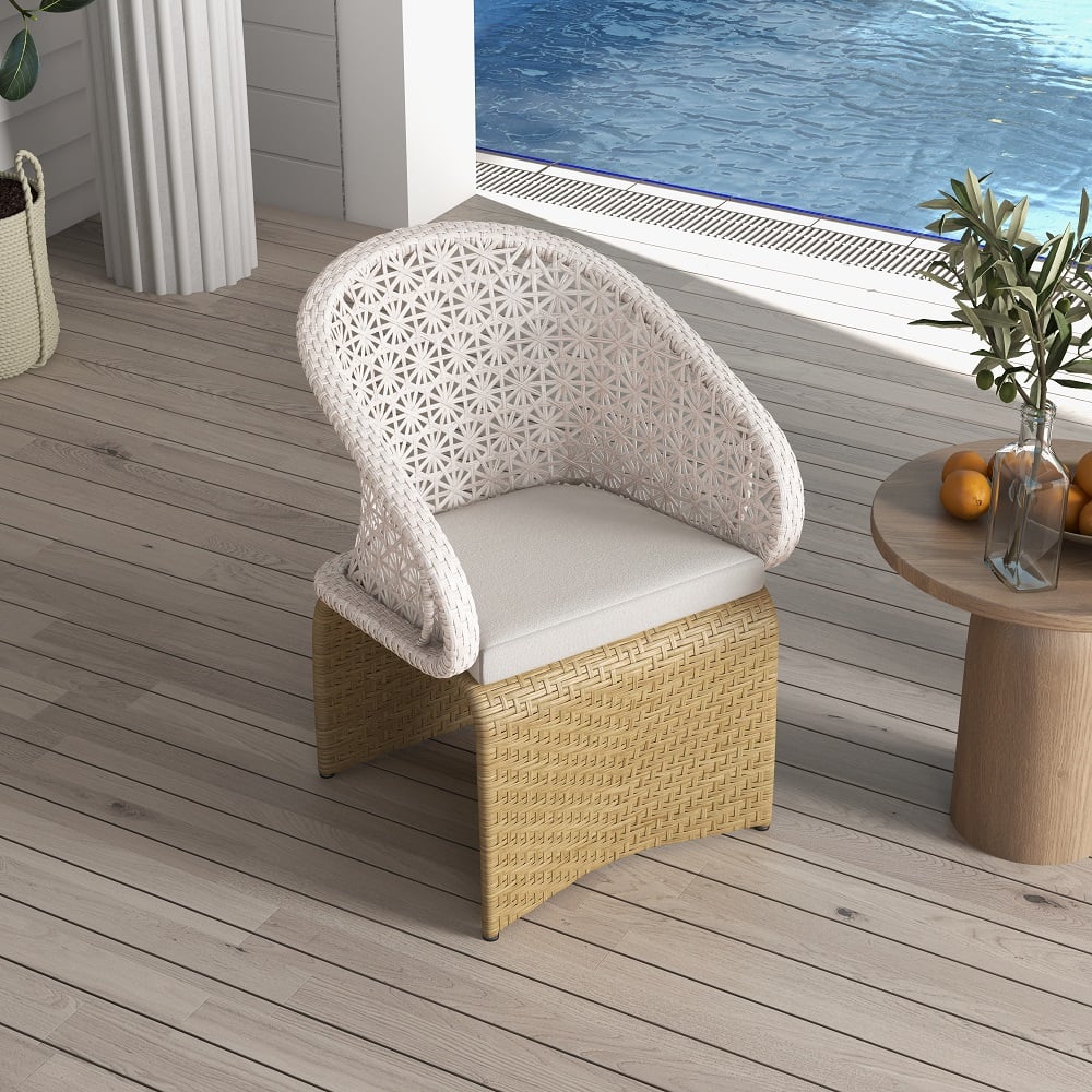 HMR Aluminum & Rattan Outdoor Patio Armchair with Cushion Arched Bottom Low-Back - White & Khaki, Single