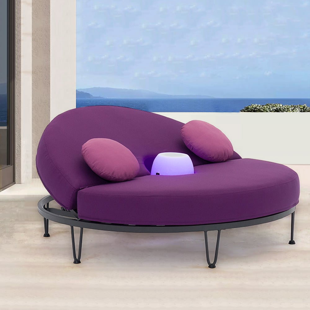 HMR - Round Outdoor Convertible Daybed with Bluetooth Speaker and LED and Pillow in Purple