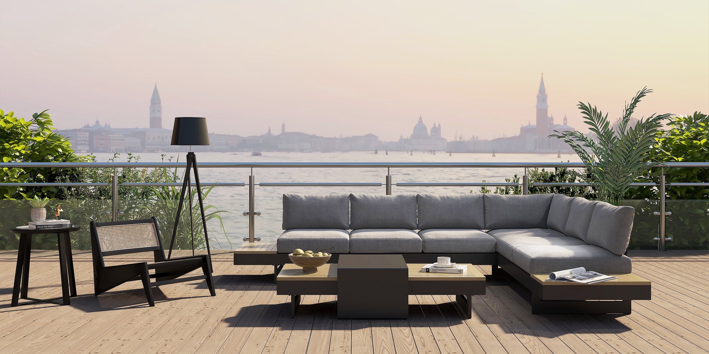 HMR - 4-Pieces Modular Aluminum & Teak Outdoor Sofa Set for 6 Person