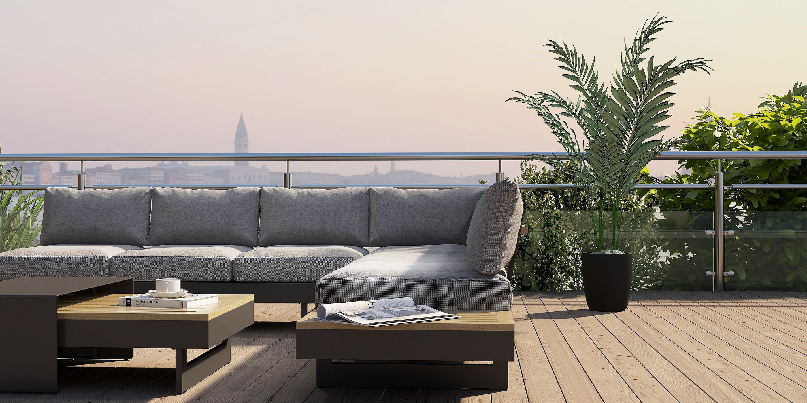 HMR - 4-Pieces Modular Aluminum & Teak Outdoor Sofa Set for 6 Person