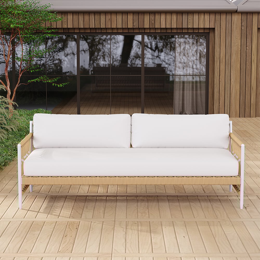 HMR - Woven Rope Outdoor 3-Seater Sofa with Polyester Pillow Cushion in White