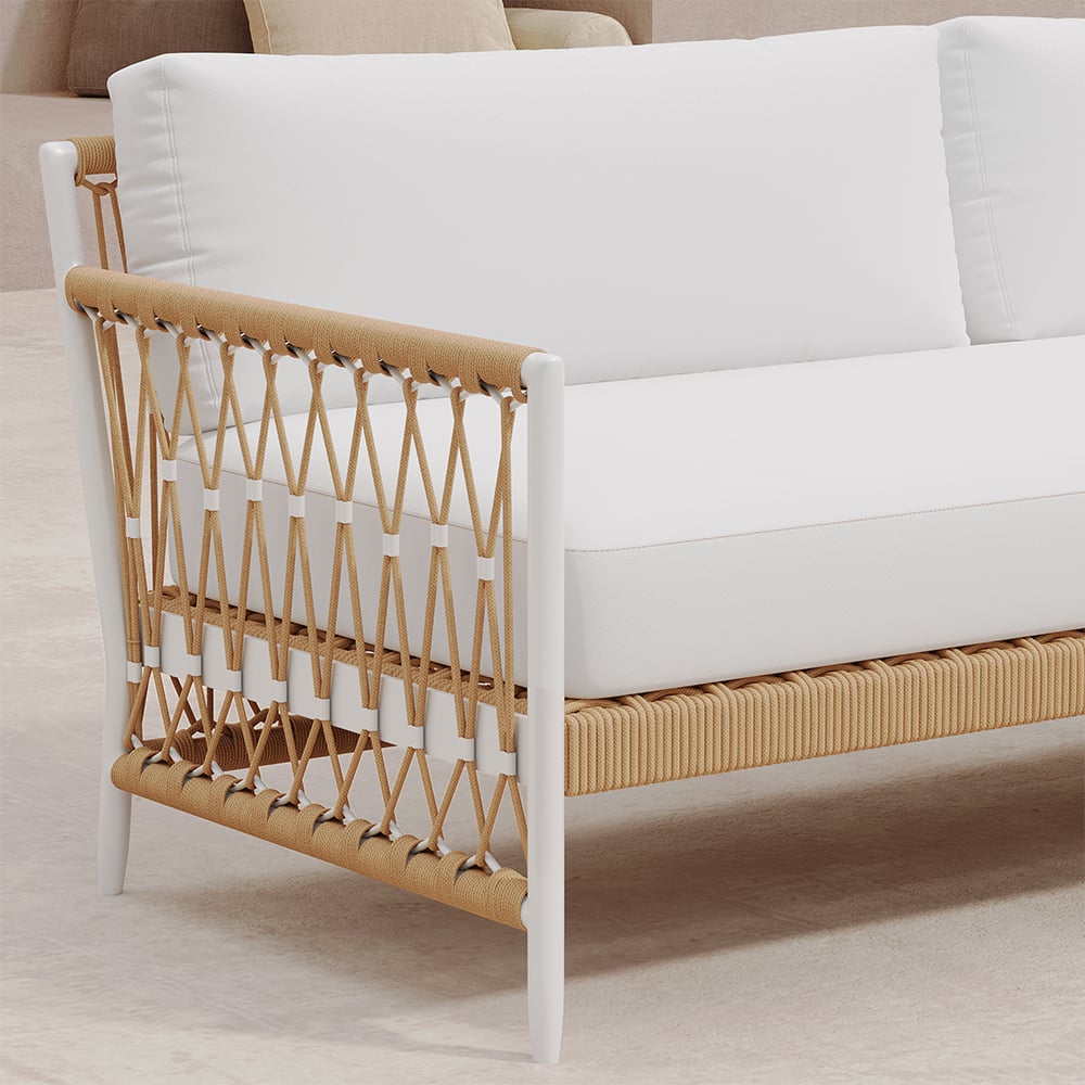 HMR - Woven Rope Outdoor 3-Seater Sofa with Polyester Pillow Cushion in White