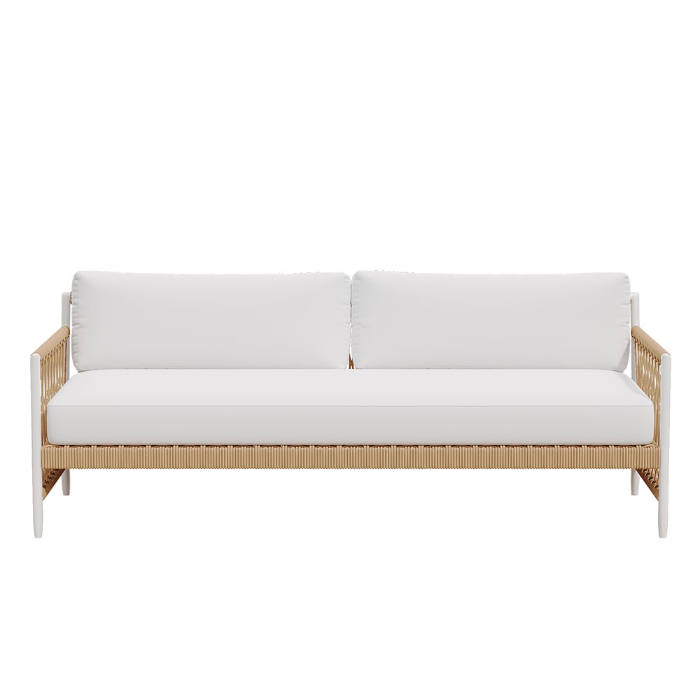 HMR - Woven Rope Outdoor 3-Seater Sofa with Polyester Pillow Cushion in White