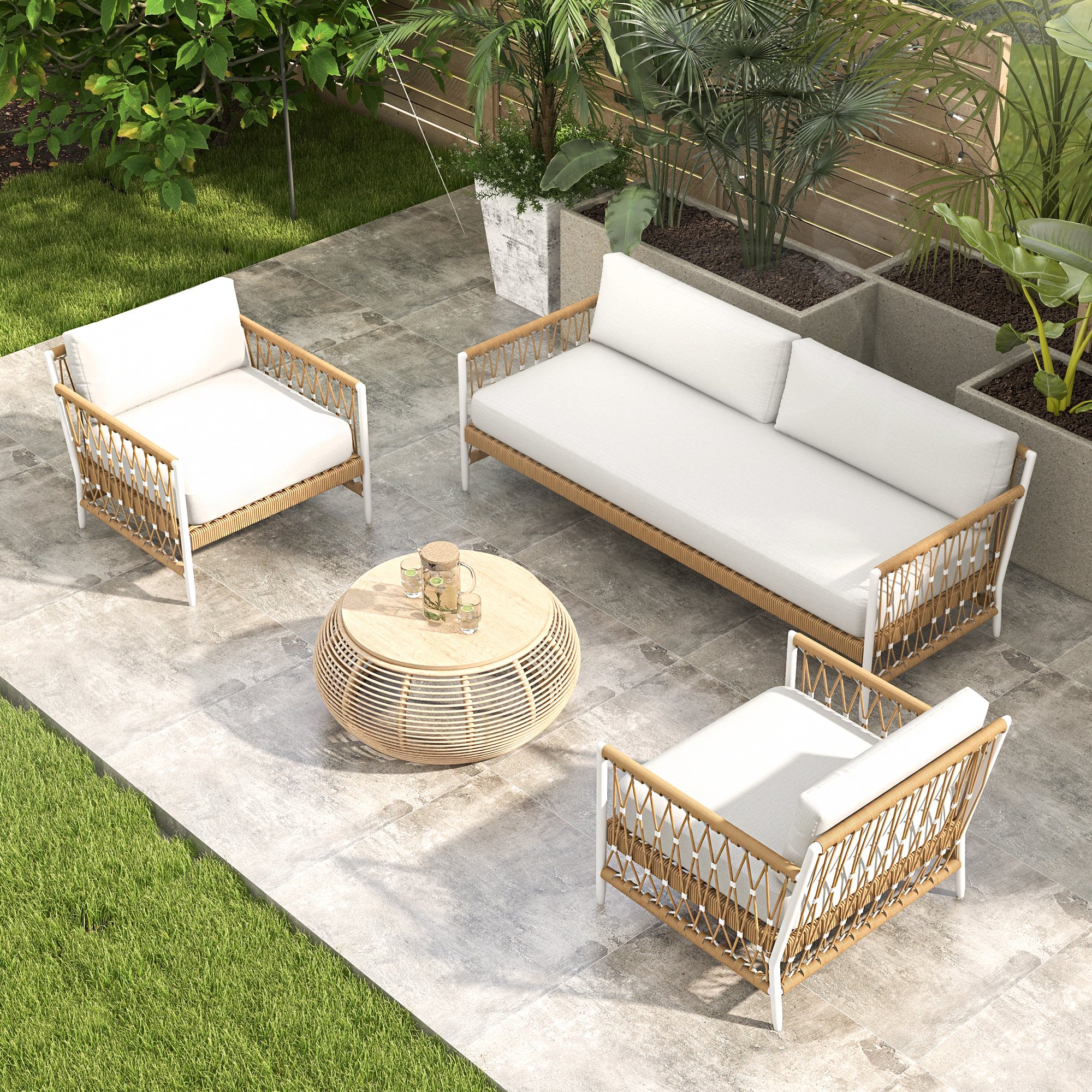 HMR - Woven Rope Outdoor 3-Seater Sofa with Polyester Pillow Cushion in White