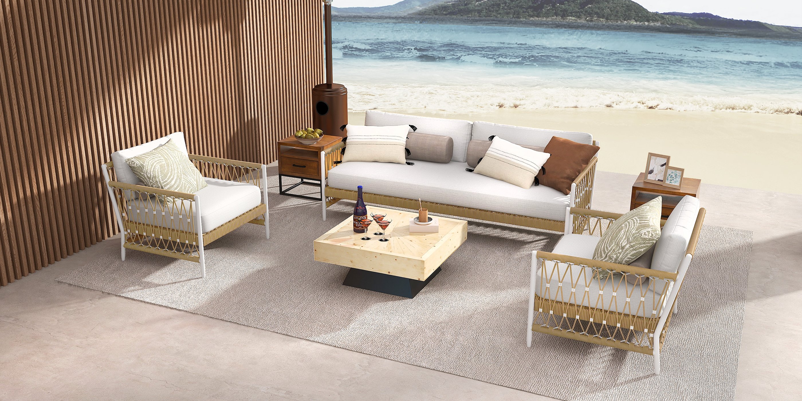 HMR - Woven Rope Outdoor 3-Seater Sofa with Polyester Pillow Cushion in White