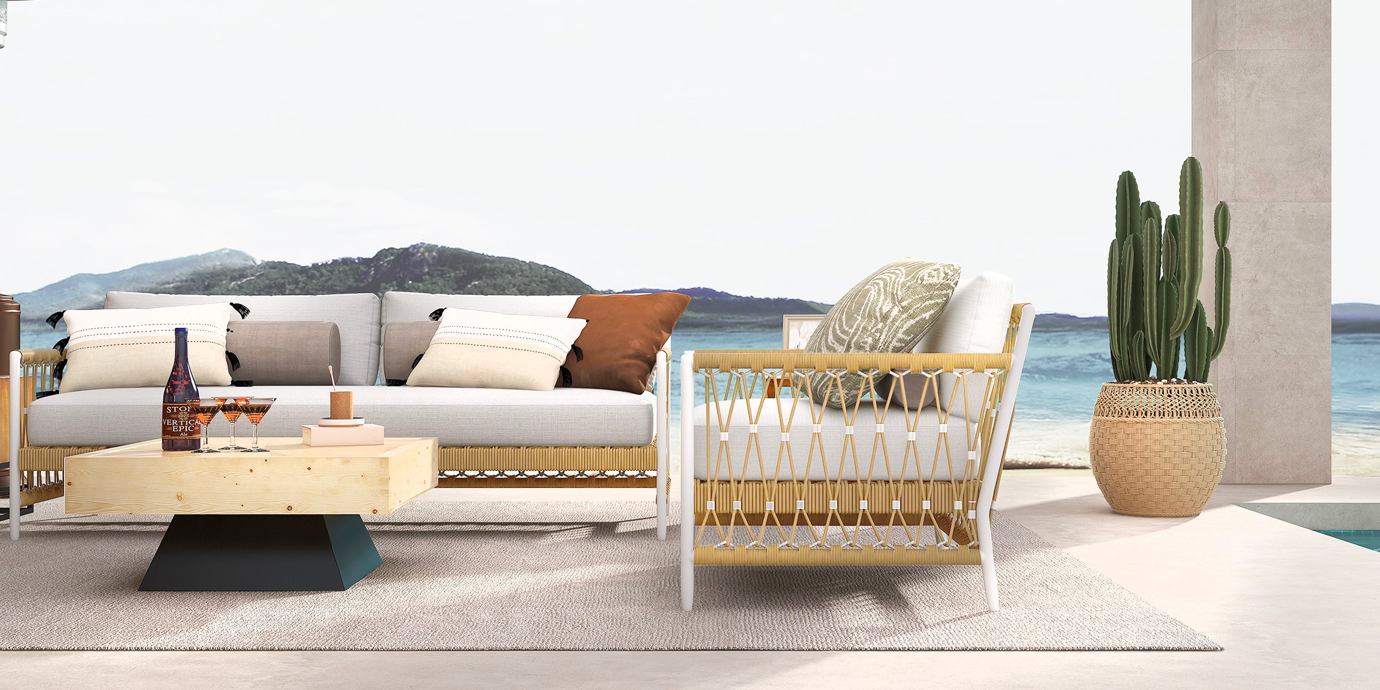 HMR - Woven Rope Outdoor 3-Seater Sofa with Polyester Pillow Cushion in White