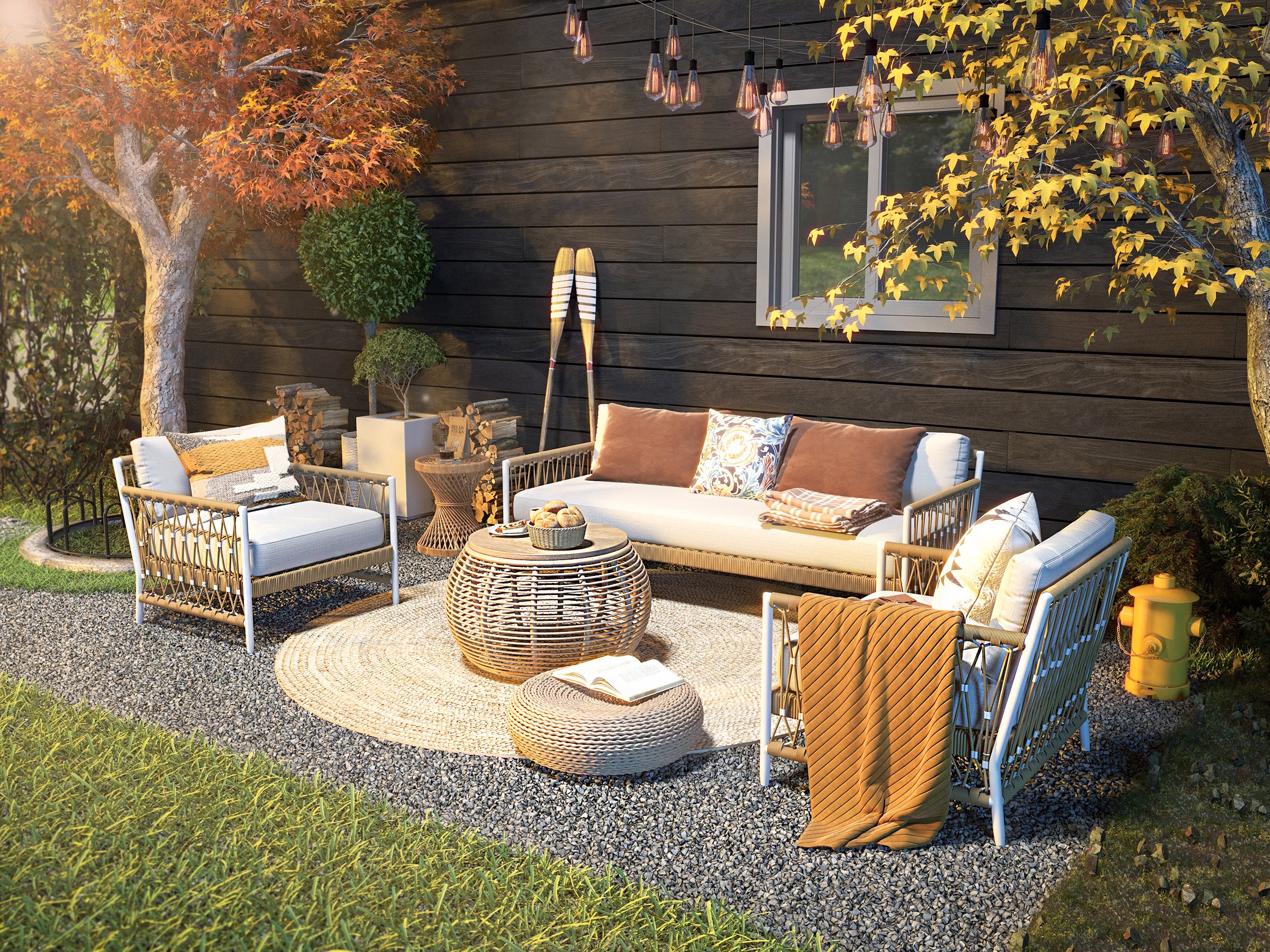 HMR - Woven Rope Outdoor 3-Seater Sofa with Polyester Pillow Cushion in White