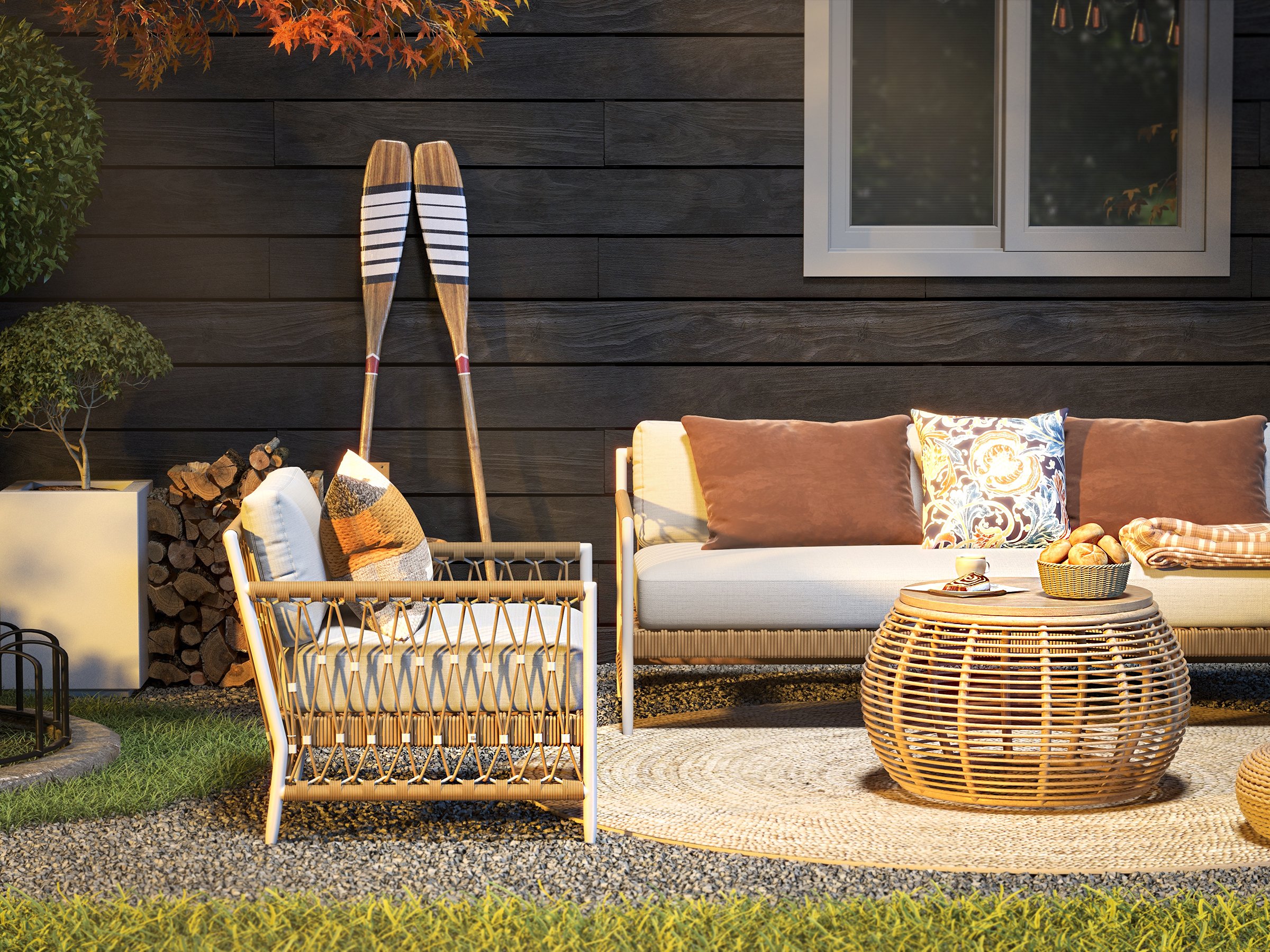 HMR - Woven Rope Outdoor 3-Seater Sofa with Polyester Pillow Cushion in White