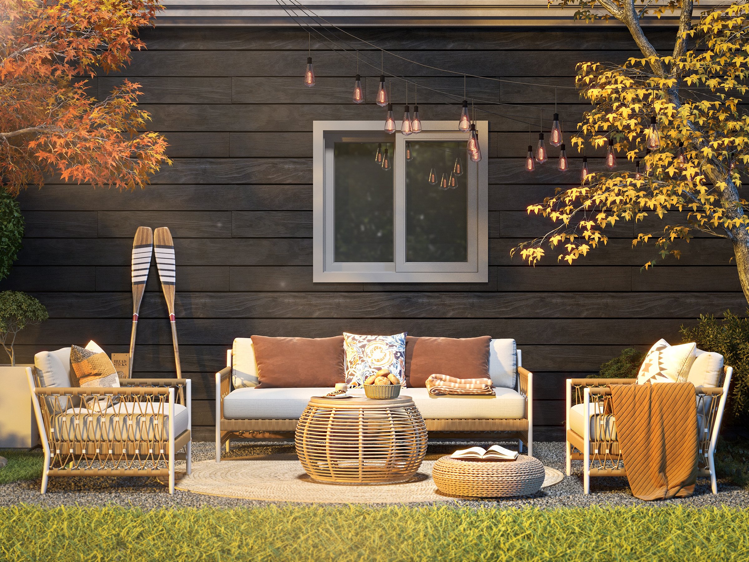 HMR - Woven Rope Outdoor 3-Seater Sofa with Polyester Pillow Cushion in White