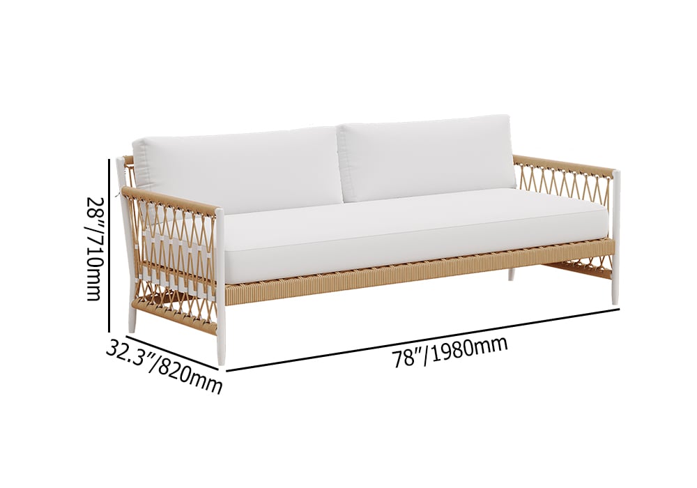 HMR - Woven Rope Outdoor 3-Seater Sofa with Polyester Pillow Cushion in White