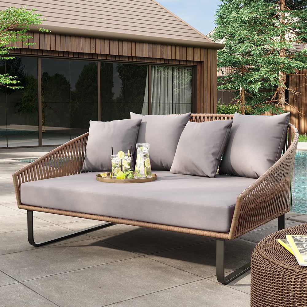 HMR - Rattan Outdoor Daybed with Cushion Pillow Aluminum Frame 63" in Gray and Khaki
