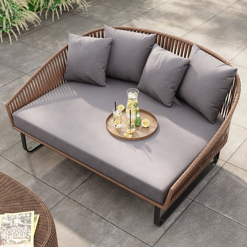 HMR - Rattan Outdoor Daybed with Cushion Pillow Aluminum Frame 63" in Gray and Khaki