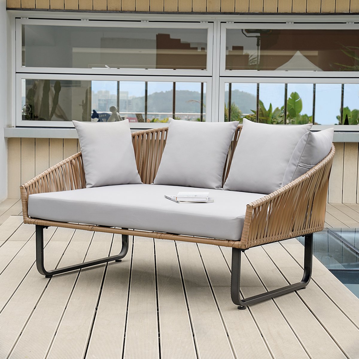 HMR - Rattan Outdoor Daybed with Cushion Pillow Aluminum Frame 63" in Gray and Khaki