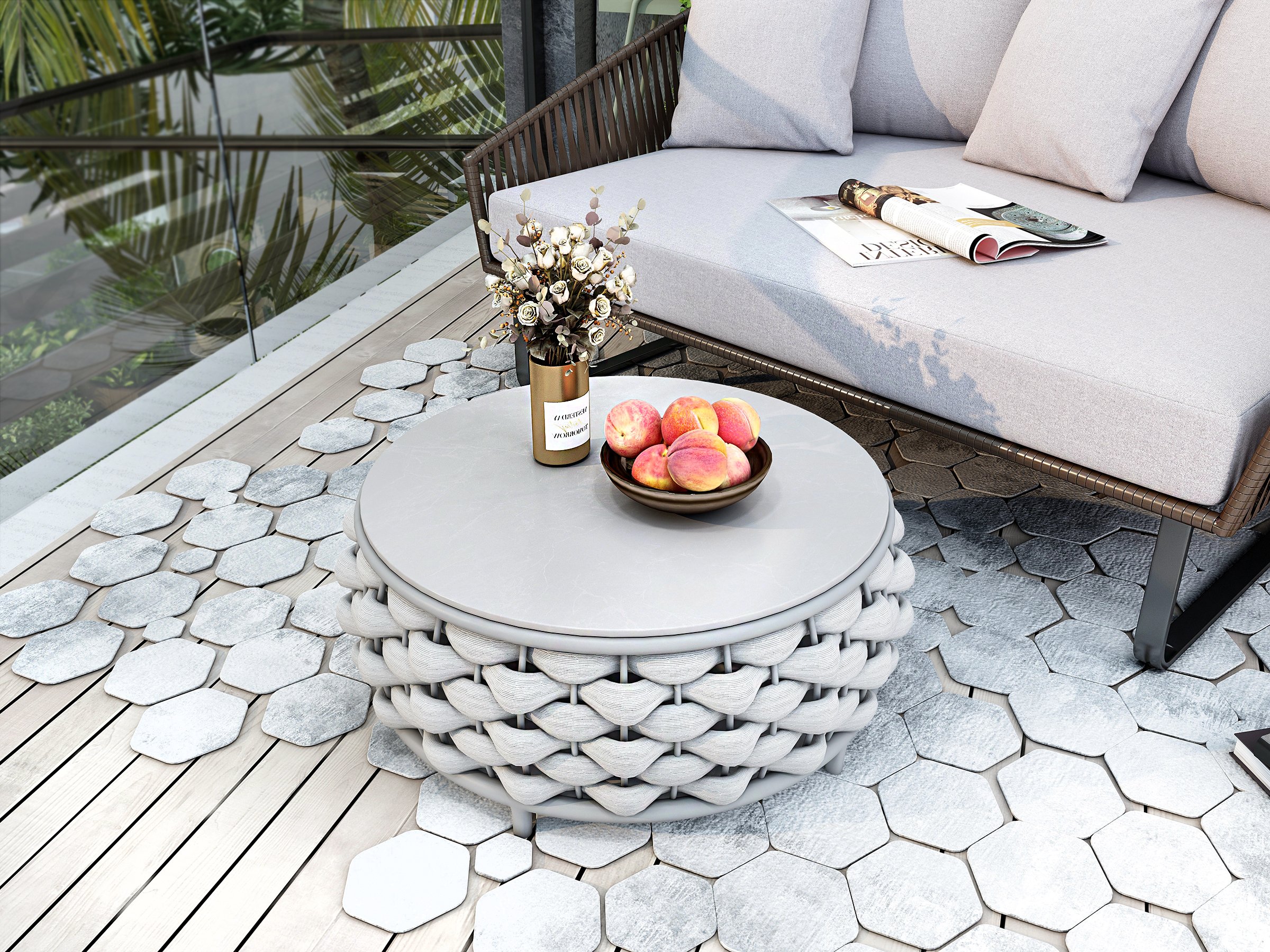 HMR - Rattan Outdoor Daybed with Cushion Pillow Aluminum Frame 63" in Gray and Khaki