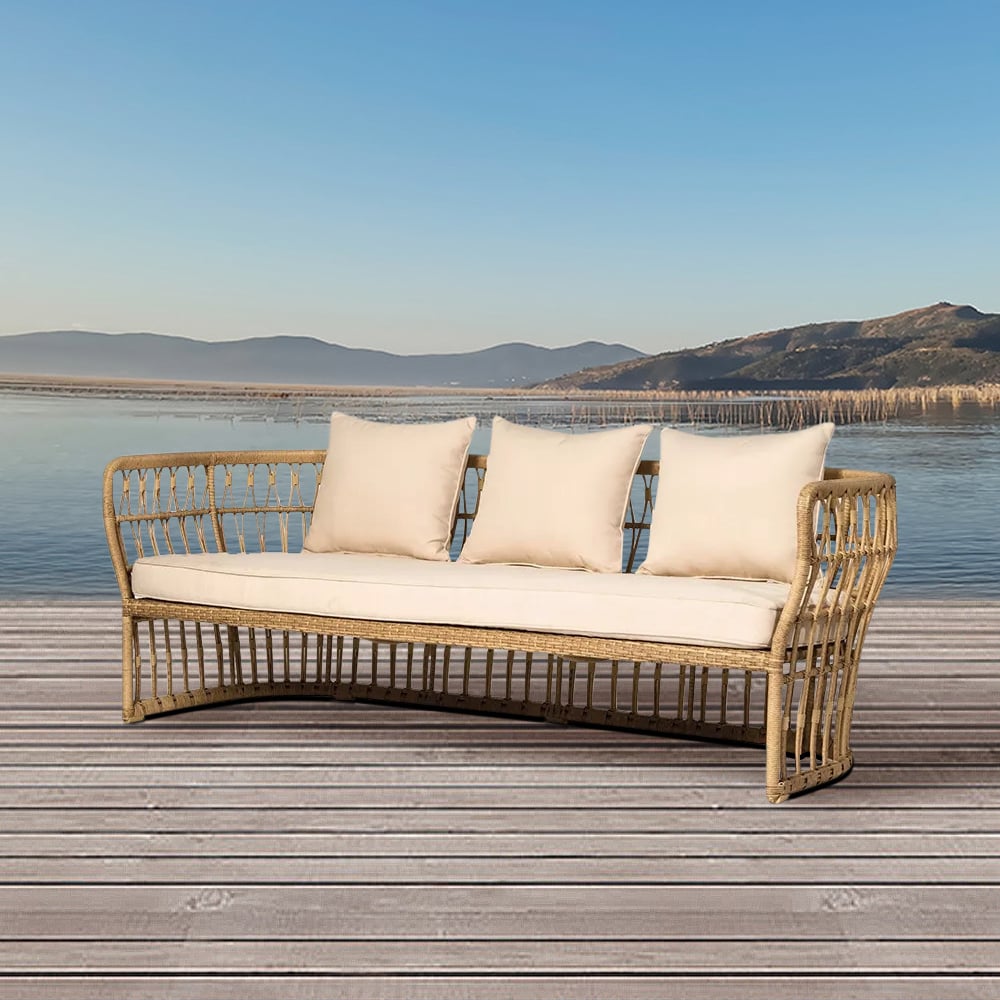 HMR - Tropical Style Rattan Sofa with Square Arm and Cushion Pillow 74" in Natural