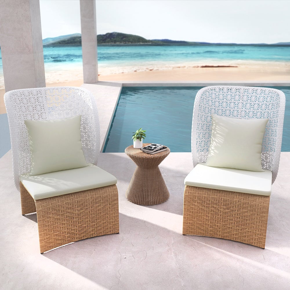 HMR - Hofer Rattan Outdoor Wingback Chair with Cushion Pillow and Arched Bottom in White