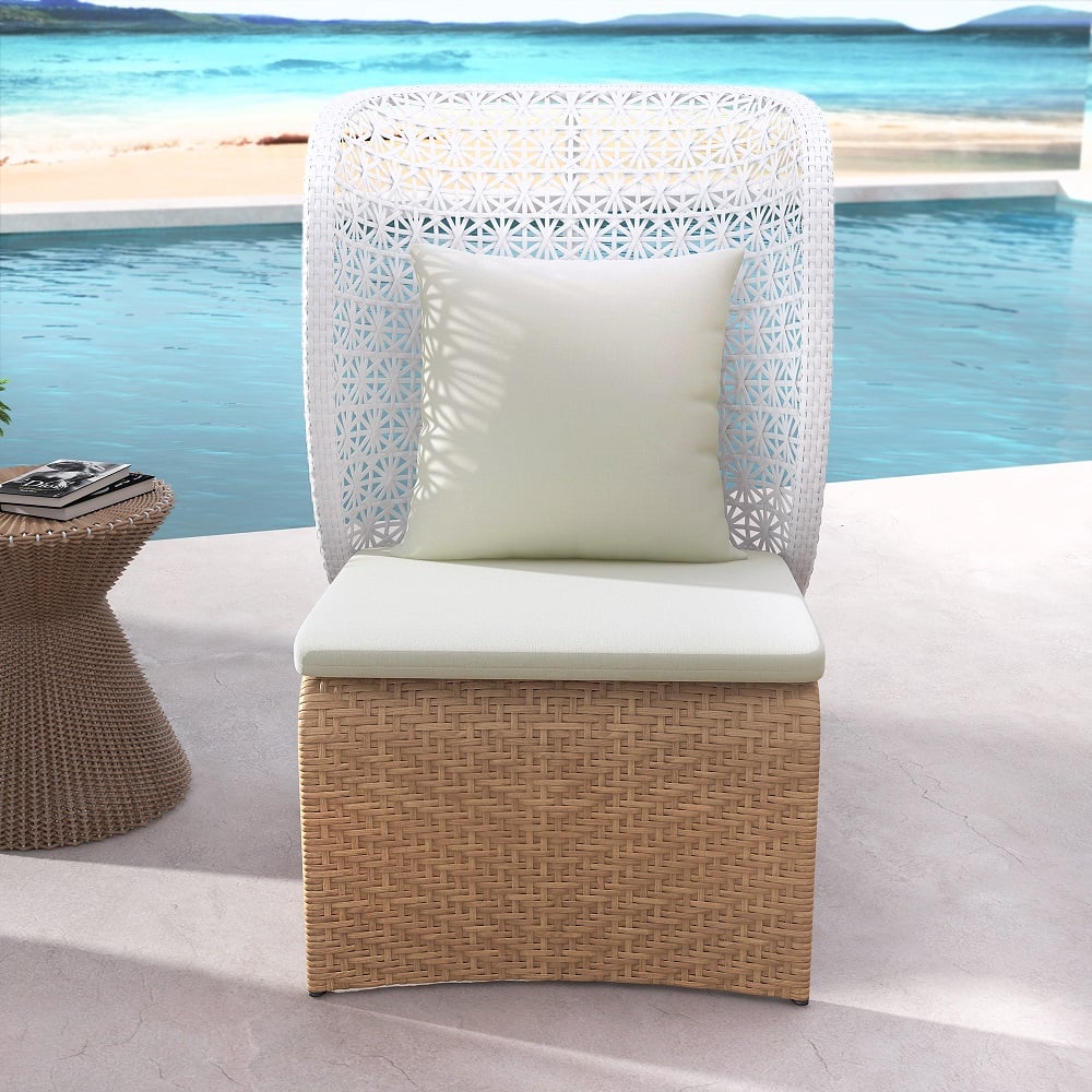 HMR - Hofer Rattan Outdoor Wingback Chair with Cushion Pillow and Arched Bottom in White
