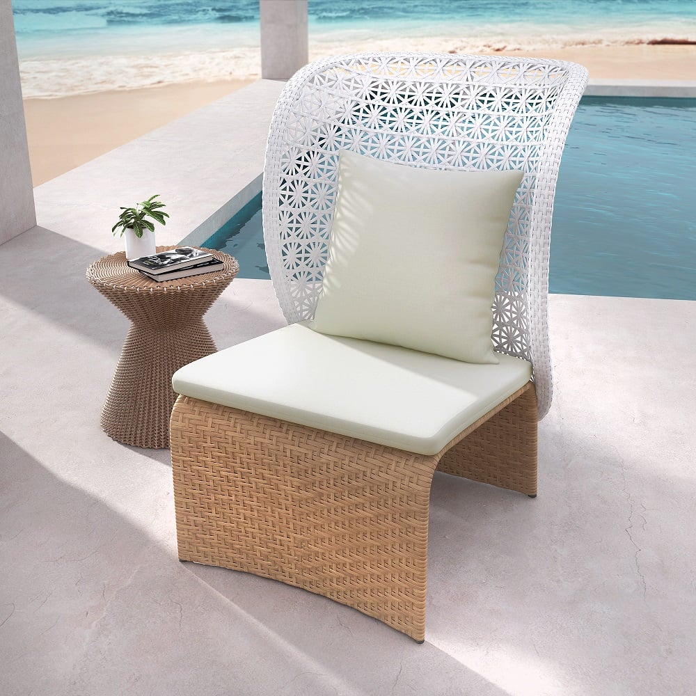 HMR - Hofer Rattan Outdoor Wingback Chair with Cushion Pillow and Arched Bottom in White