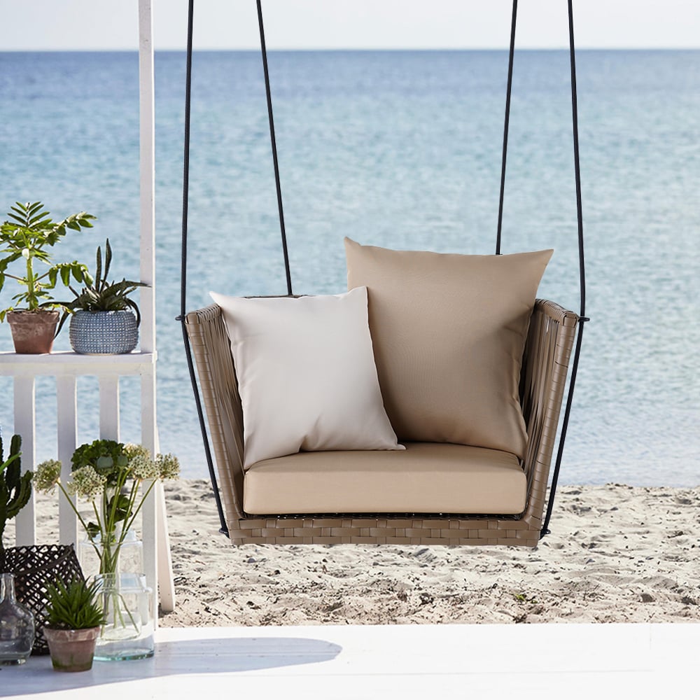HMR - Modern Outdoor Hanging Rattan Swing Chair with Cushion Pillow in Khaki