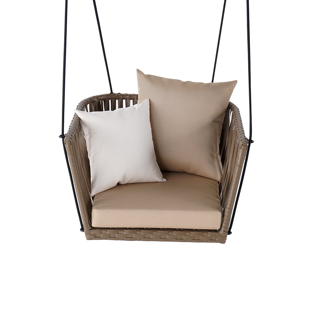 HMR - Modern Outdoor Hanging Rattan Swing Chair with Cushion Pillow in Khaki
