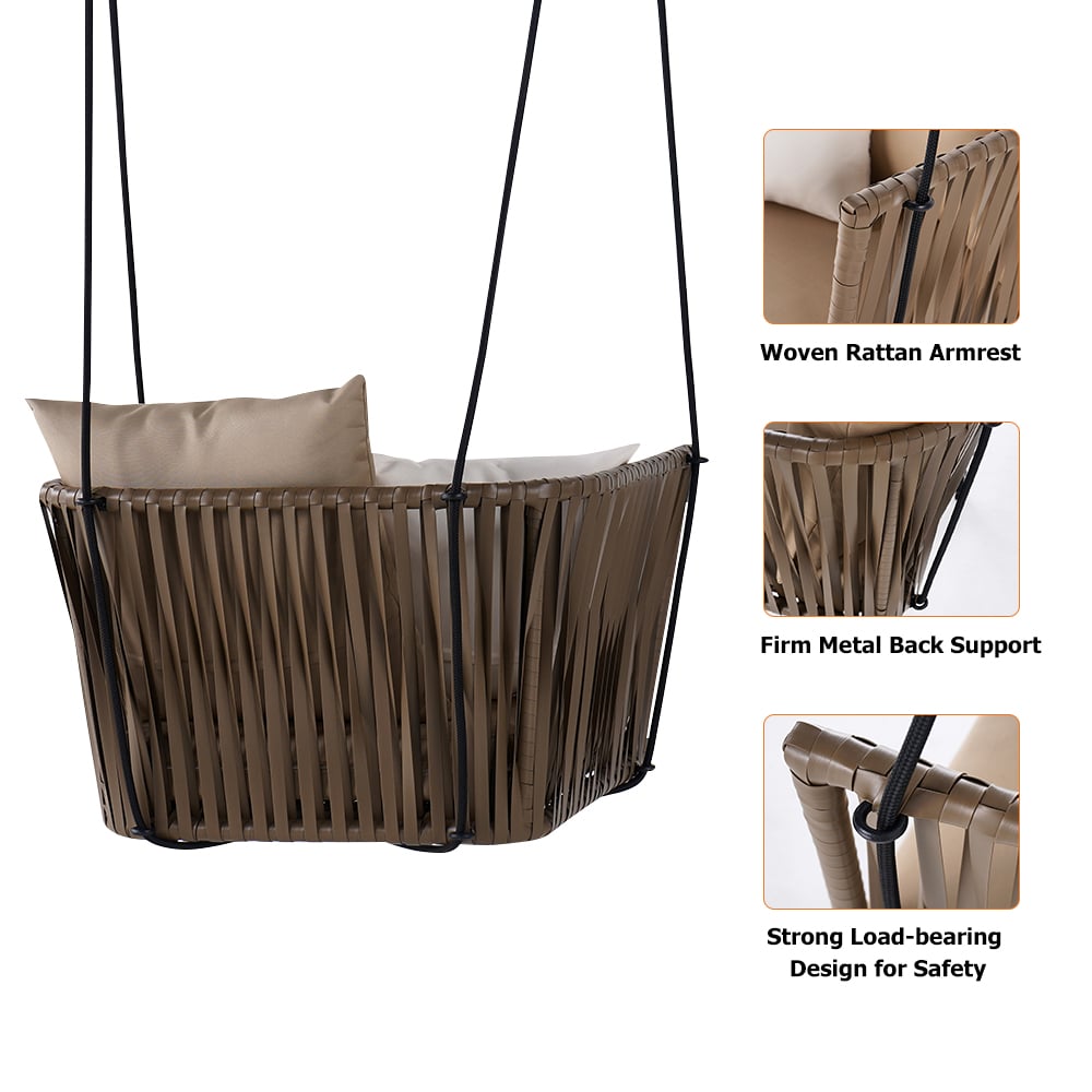 HMR - Modern Outdoor Hanging Rattan Swing Chair with Cushion Pillow in Khaki