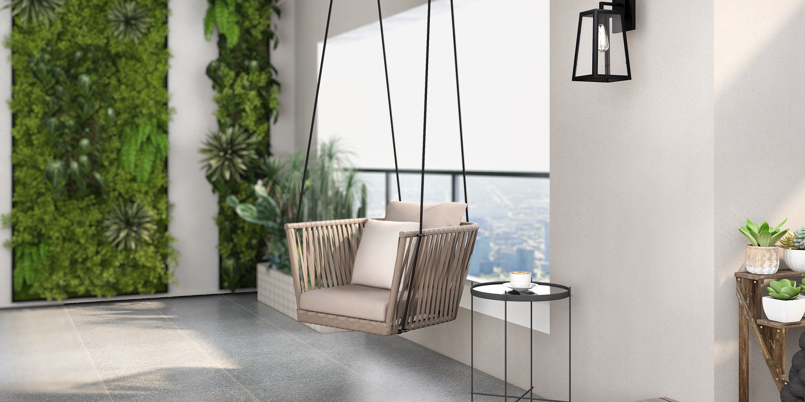 HMR - Modern Outdoor Hanging Rattan Swing Chair with Cushion Pillow in Khaki