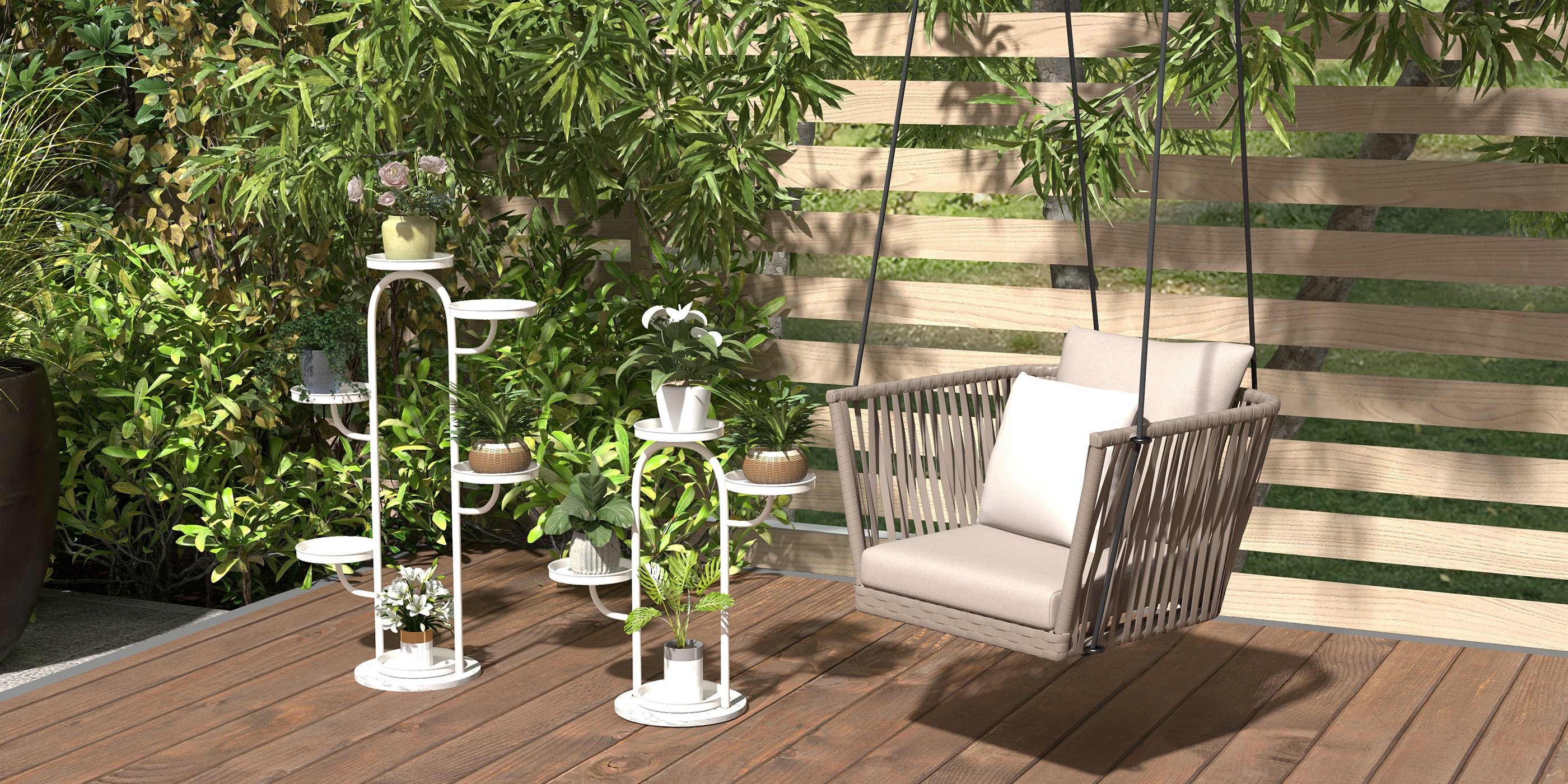 HMR - Modern Outdoor Hanging Rattan Swing Chair with Cushion Pillow in Khaki