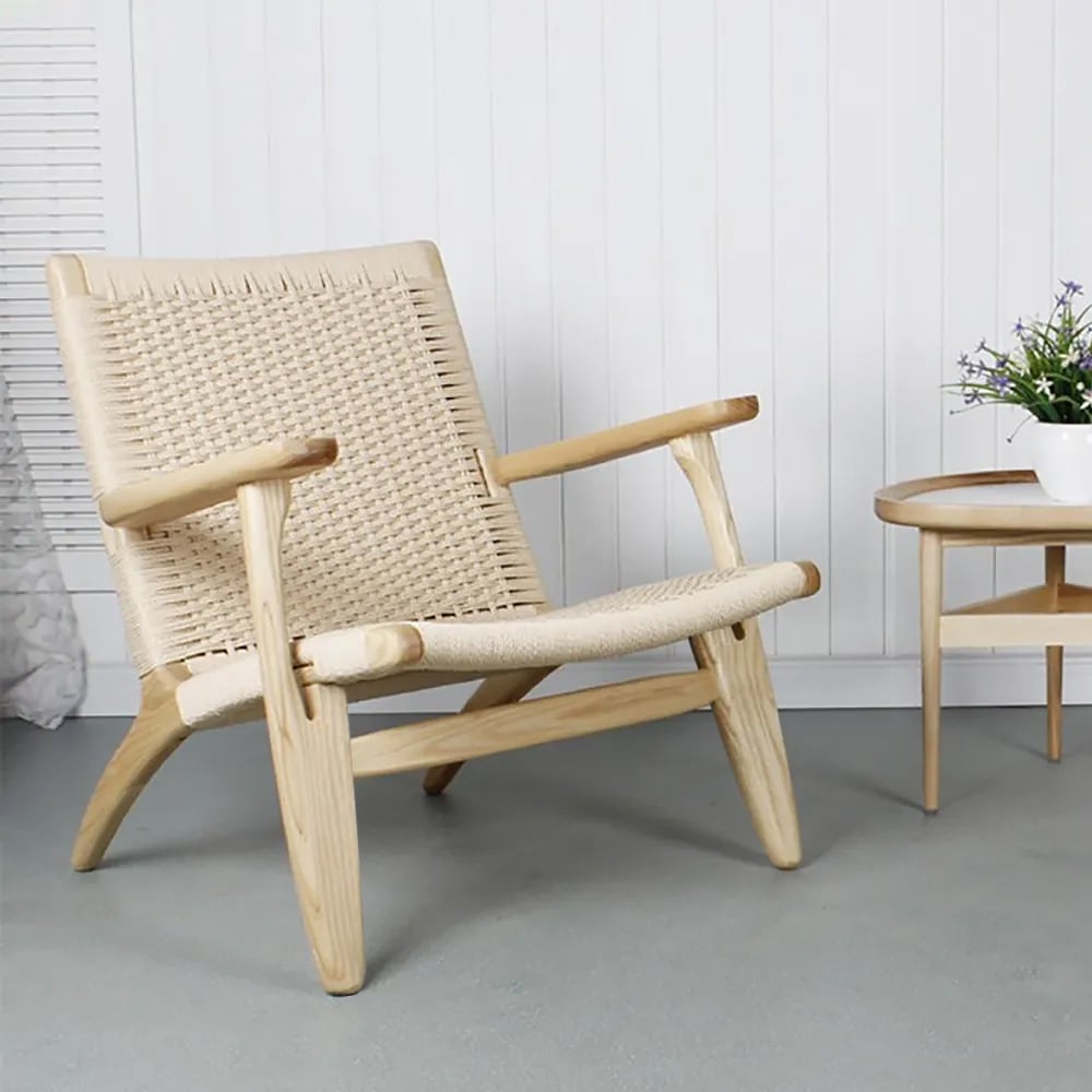 HMR - Boho Solid Wood Outdoor Patio Lounge Armchair with Woven Seat in Beige