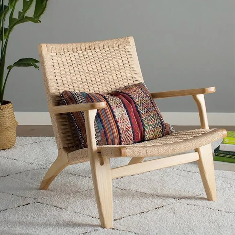 HMR - Boho Solid Wood Outdoor Patio Lounge Armchair with Woven Seat in Beige